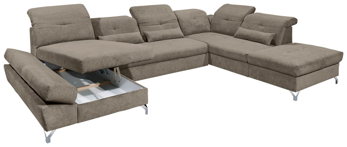 WOHNLANDSCHAFT in Mikrovelours Graubraun  - Graubraun/Silberfarben, Modern, Textil/Metall (168/350/245cm) - MID.YOU