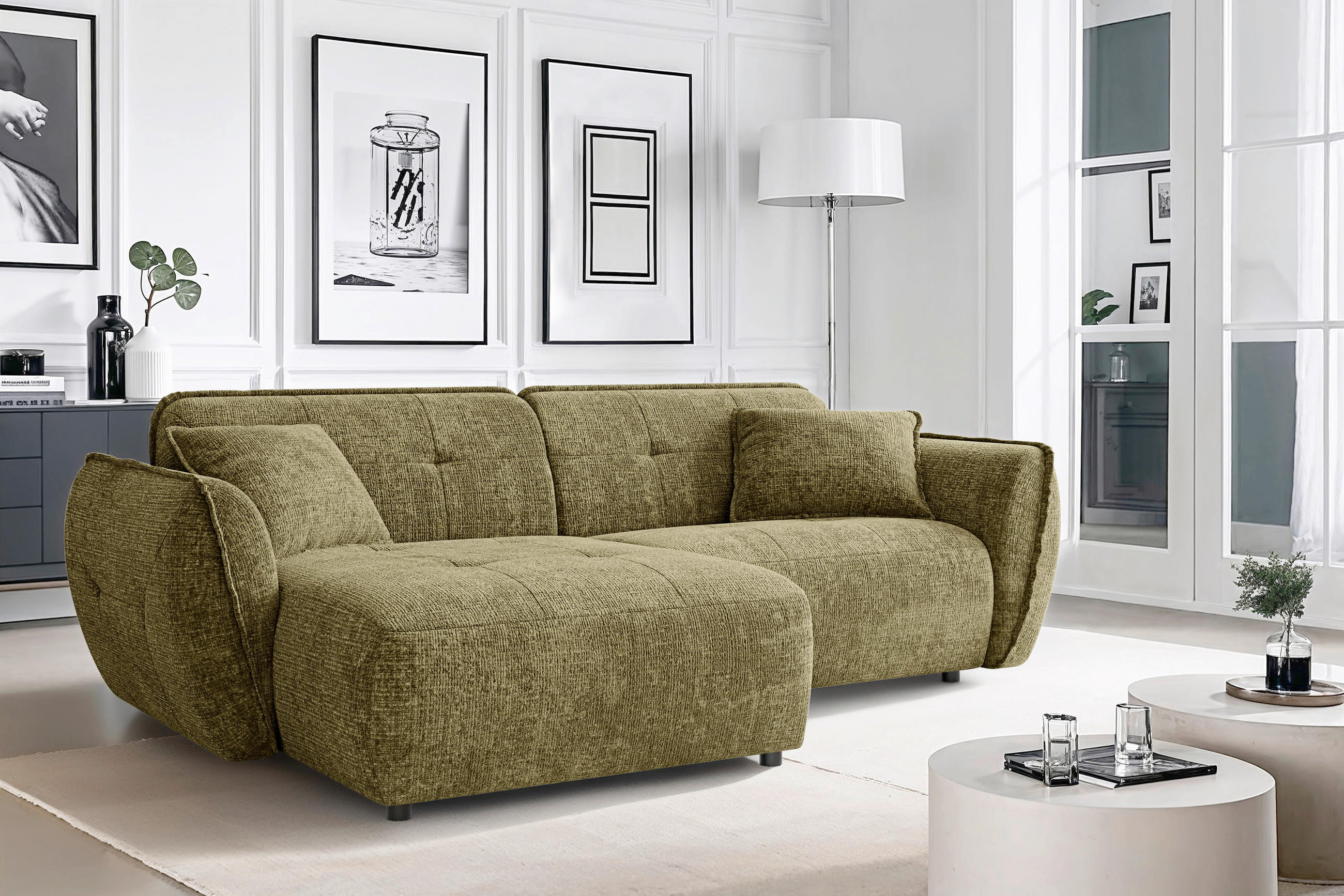 ECKSOFA Nelia Grün Chenille  - Schwarz/Grün, Design, Kunststoff/Textil (155/252cm) - P & B