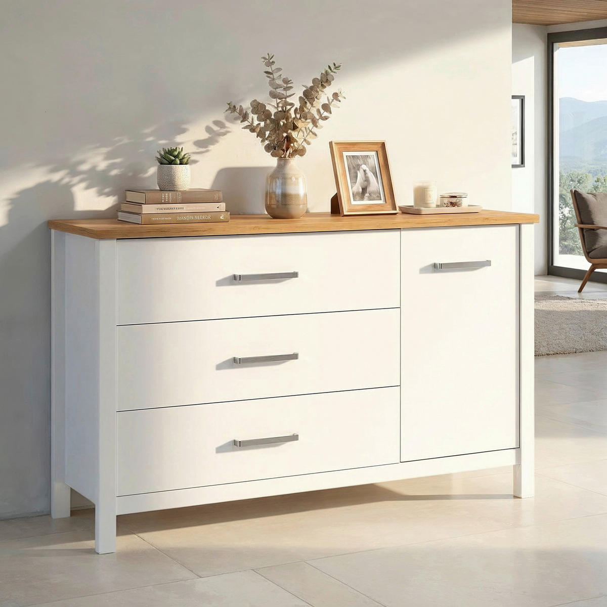 KOMODA   148/92/45 cm   bijela, hrast Artisan  - bijela/srebrne boje, Romantično / ladanjski, drvni materijal/metal (148/92/45cm)