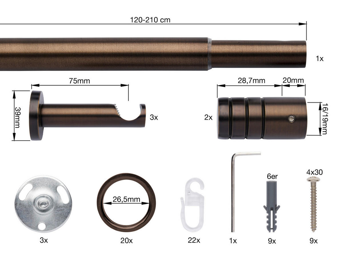 VORHANGSTANGENSET  120 cm  - Bronzefarben, Basics, Metall (120cm)