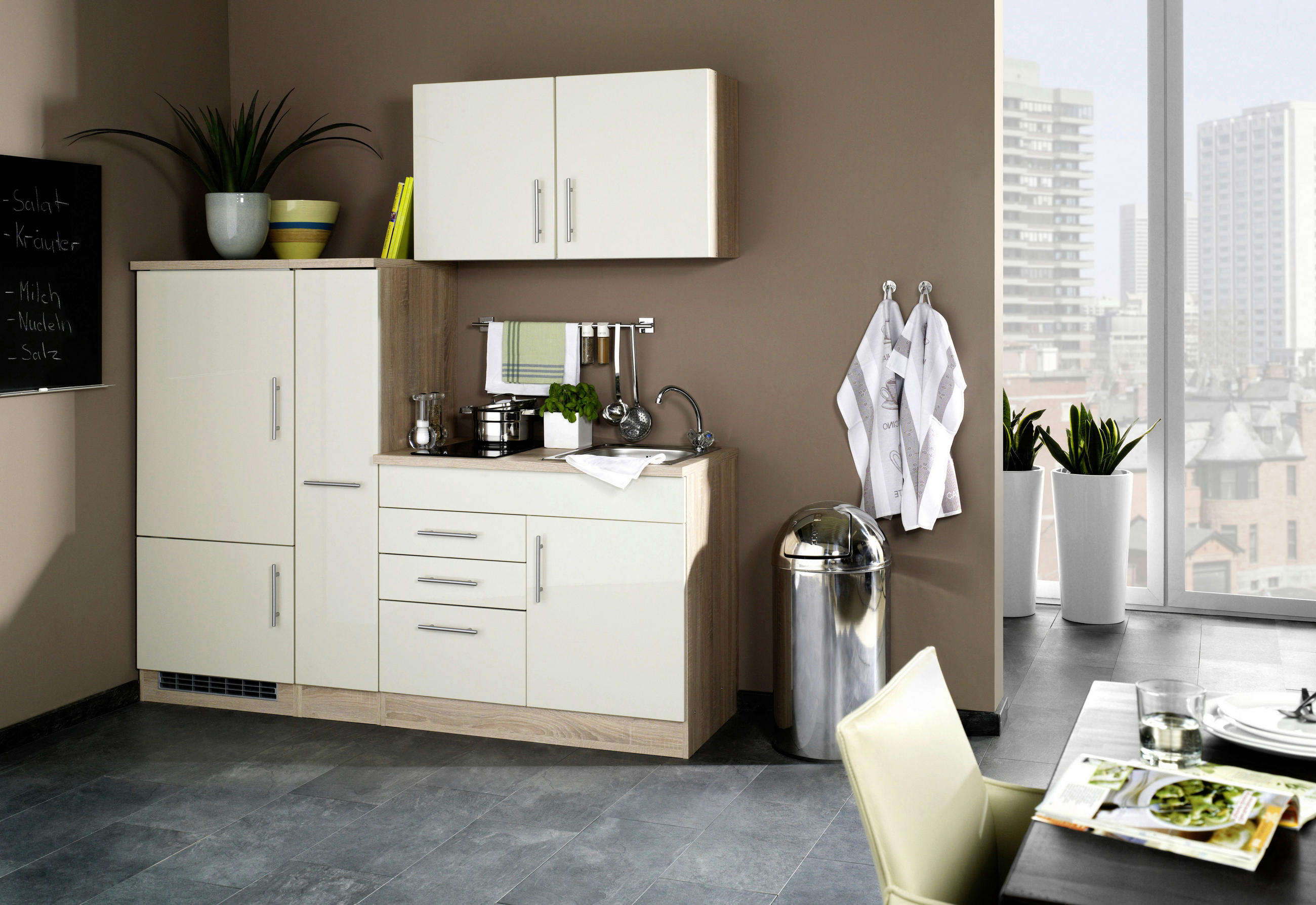 KÜCHENBLOCK 190 cm   in Creme  - Chromfarben/Eichefarben, MODERN, Holzwerkstoff/Metall (190cm) - Held