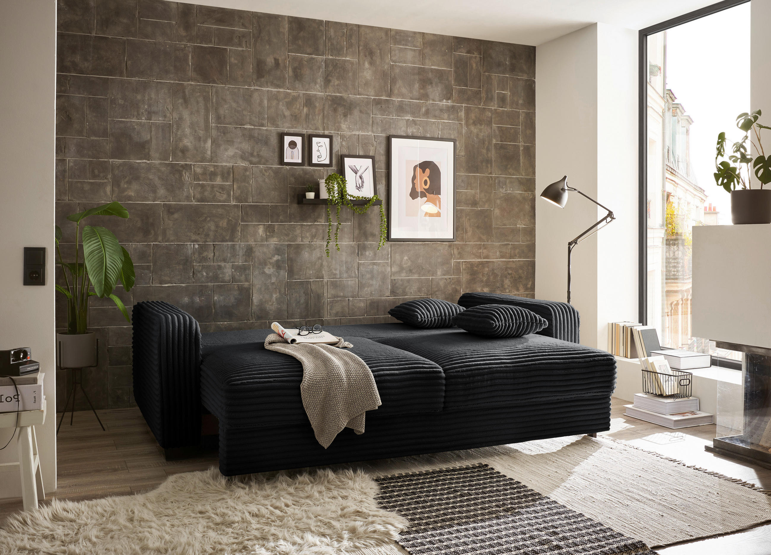 SCHLAFSOFA Cord Schwarz  - Schwarz, KONVENTIONELL, Kunststoff/Textil (235/89/92cm) - MID.YOU