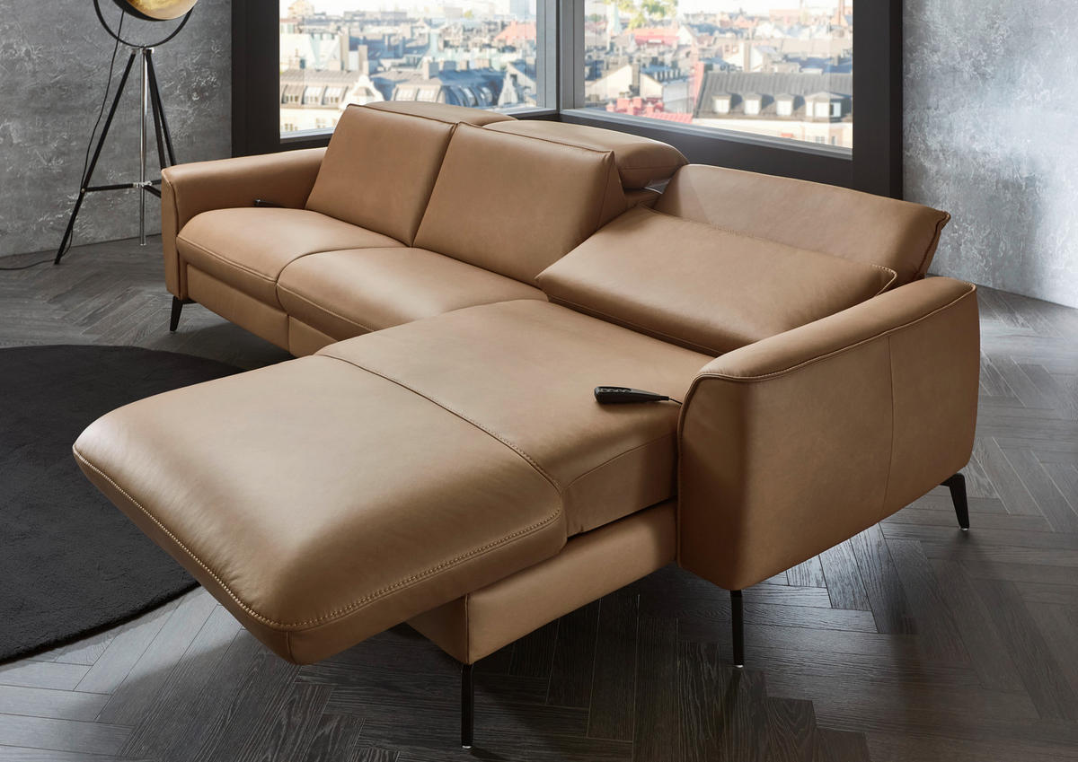 ECKSOFA in Echtleder Haselnussfarben  - Schwarz/Haselnussfarben, Natur, Leder/Metall (281/168cm) - Valdera