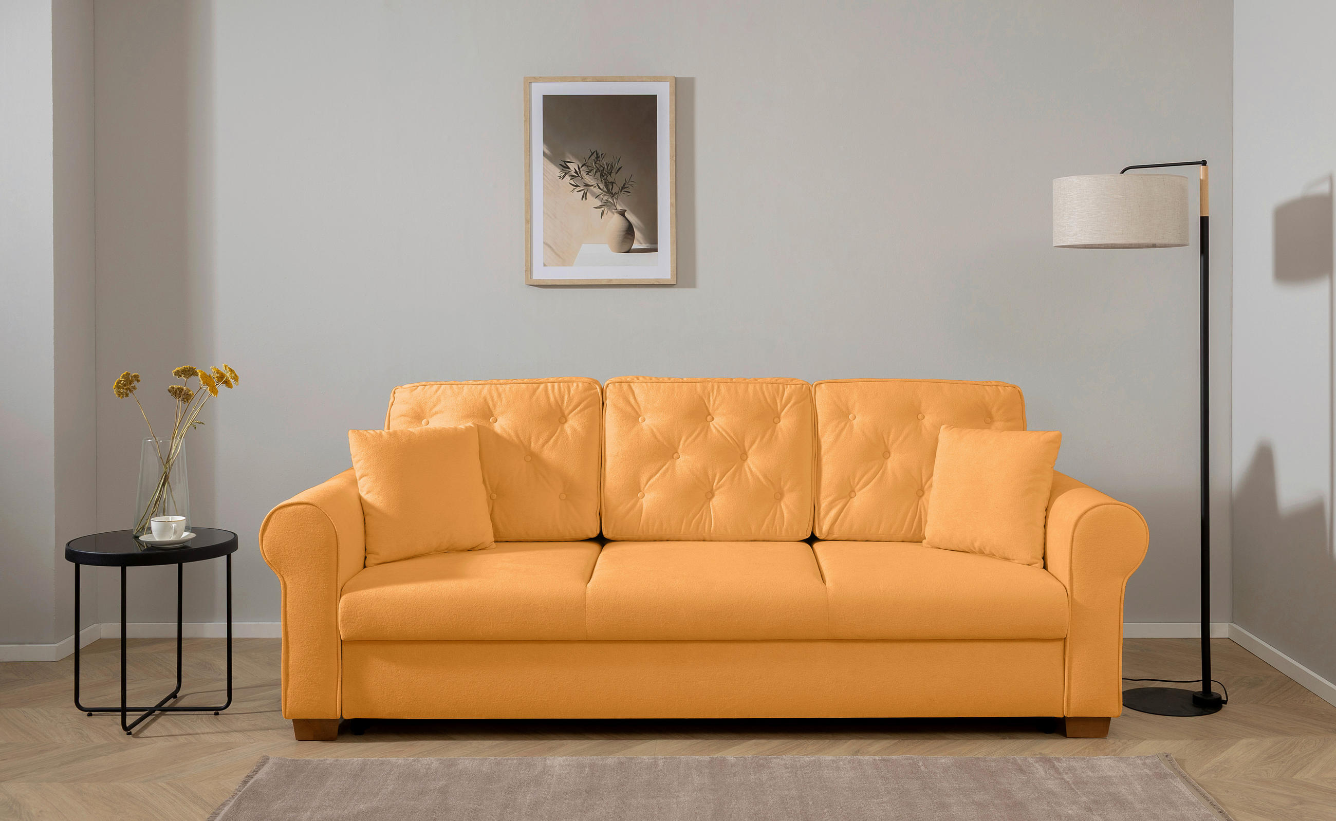 SCHLAFSOFA Arles  mit Bettkasten erhältlich, Liegefunktion, Rücken echt, Armteil links, Armteil rechts Bouclé Gelb  - Gelb/Buchefarben, Design, Holz/Textil (240/94/98cm) - MID.YOU
