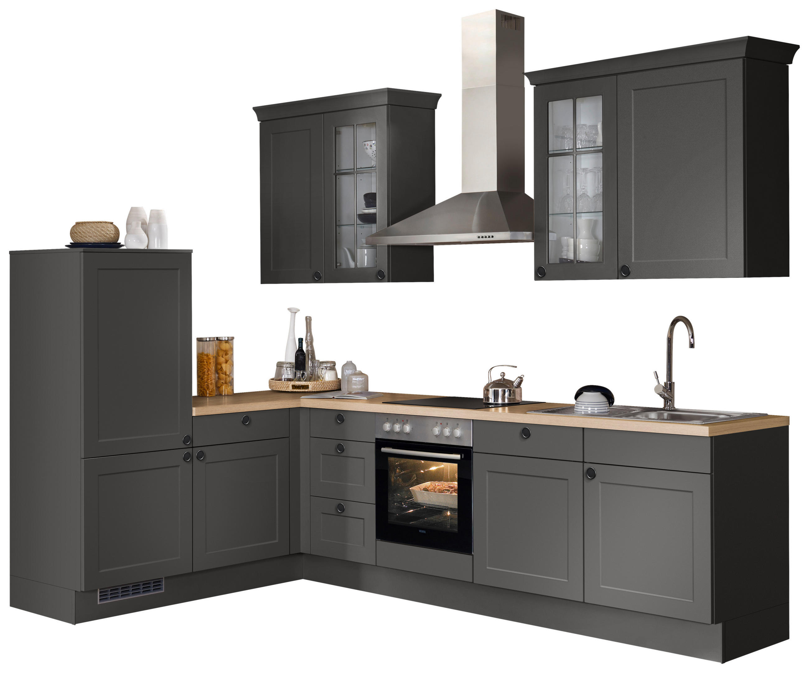 ECKKÜCHE 185,4/290,0 cm  in Graphitfarben  - Eichefarben/Schwarz, Basics, Glas/Holzwerkstoff (185,4/290,0cm) - Impuls