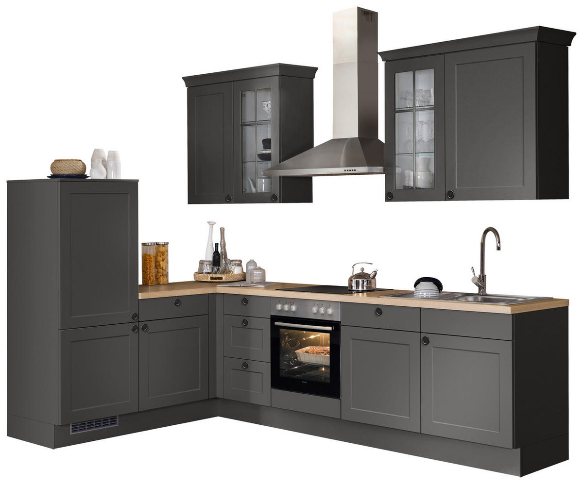 ECKKÜCHE 185,4/290,0 cm  Graphitfarben  - Eichefarben/Schwarz, Basics, Glas/Holzwerkstoff (185,4/290,0cm) - Impuls