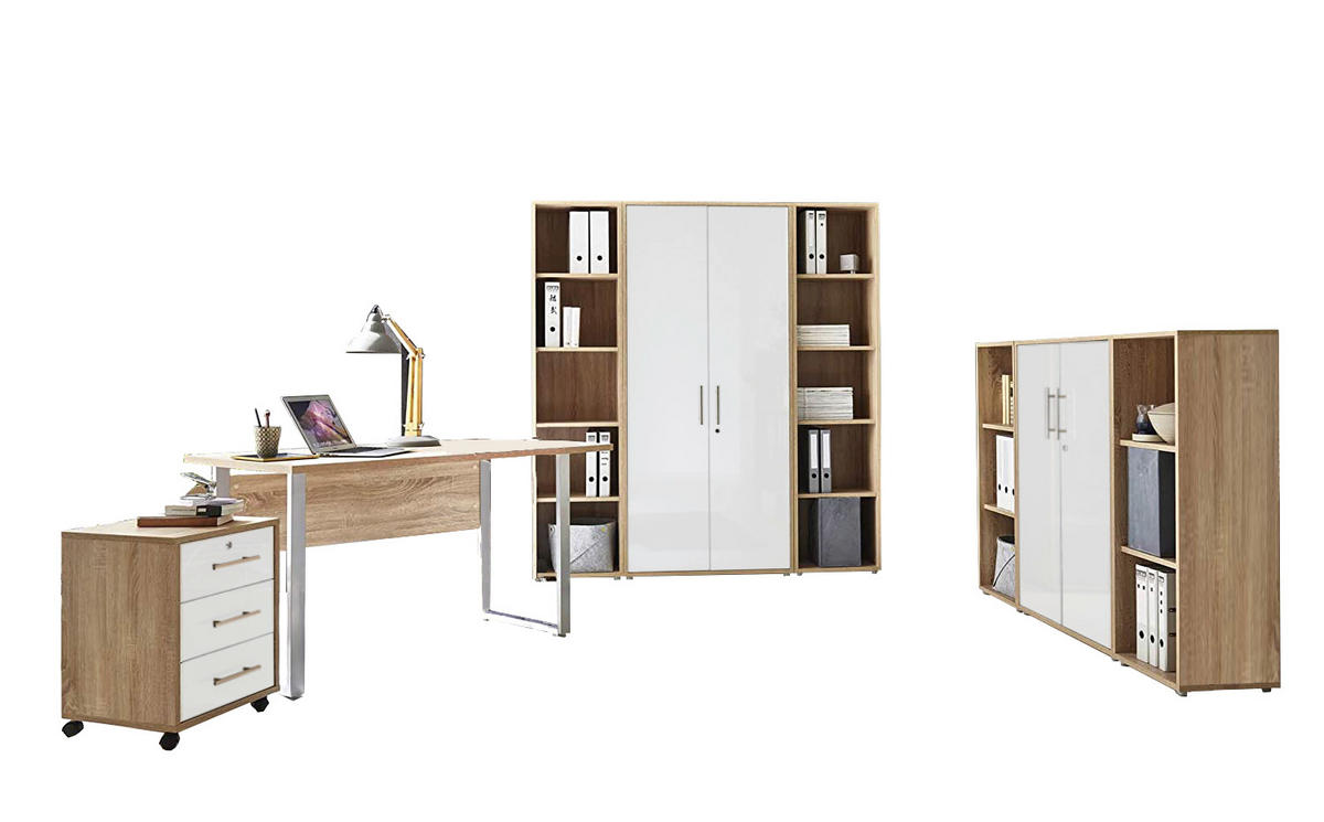 BÜRO erweiterbar, abschließbar Sonoma Eiche, Weiß Hochglanz - Weiß Hochglanz/Sonoma Eiche, MODERN, Holzwerkstoff/Metall - MID.YOU