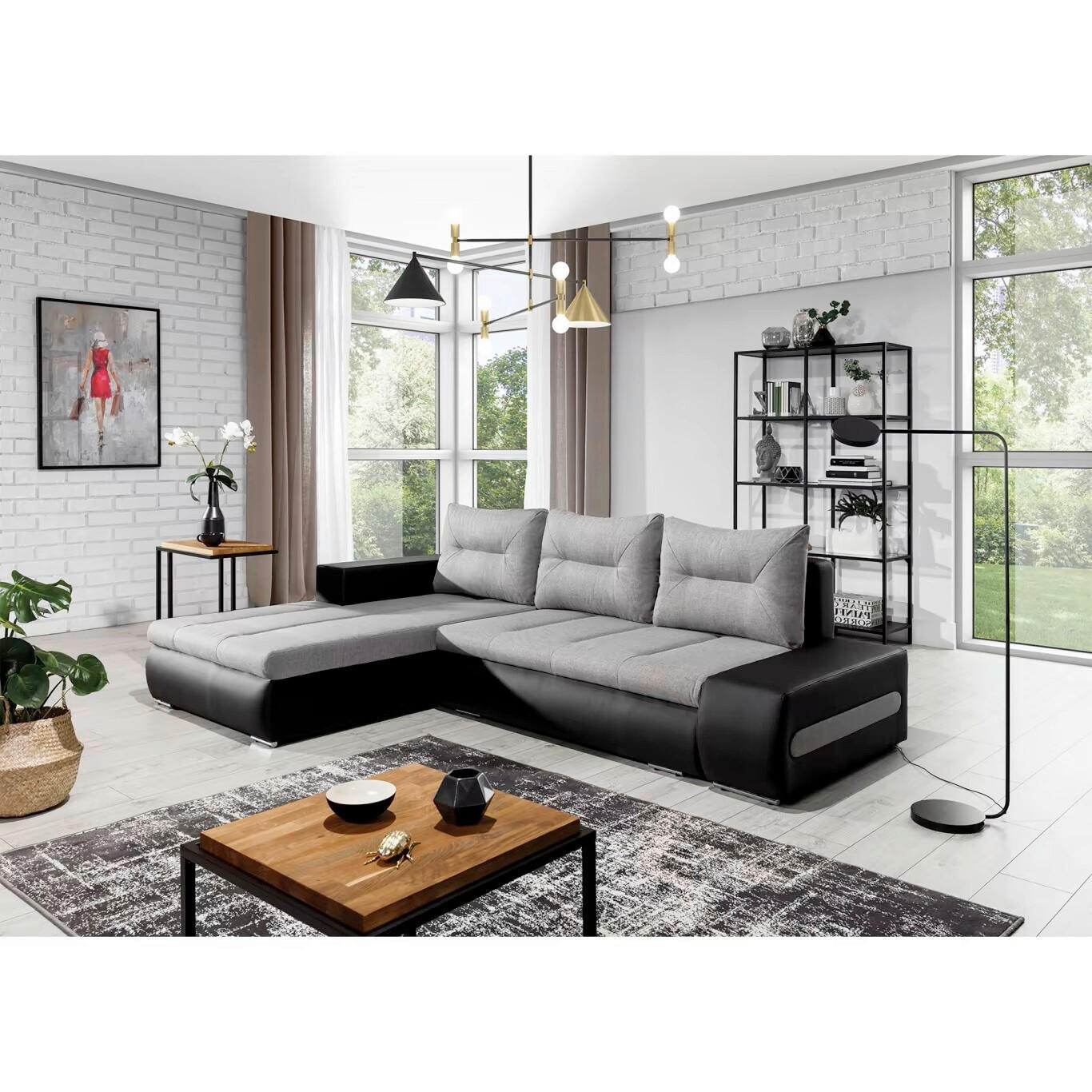ECKSOFA Schwarz, Hellgrau Webstoff  - Chromfarben/Hellgrau, Design, Textil/Metall (180/275cm) - MID.YOU