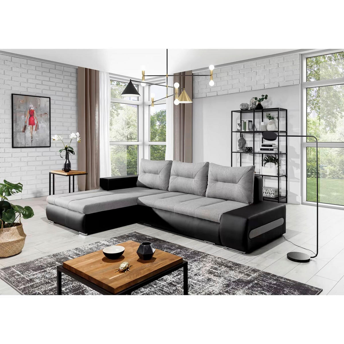 ECKSOFA  Schwarz, Hellgrau Webstoff  - Chromfarben/Hellgrau, Design, Textil/Metall (180/275cm) - MID.YOU