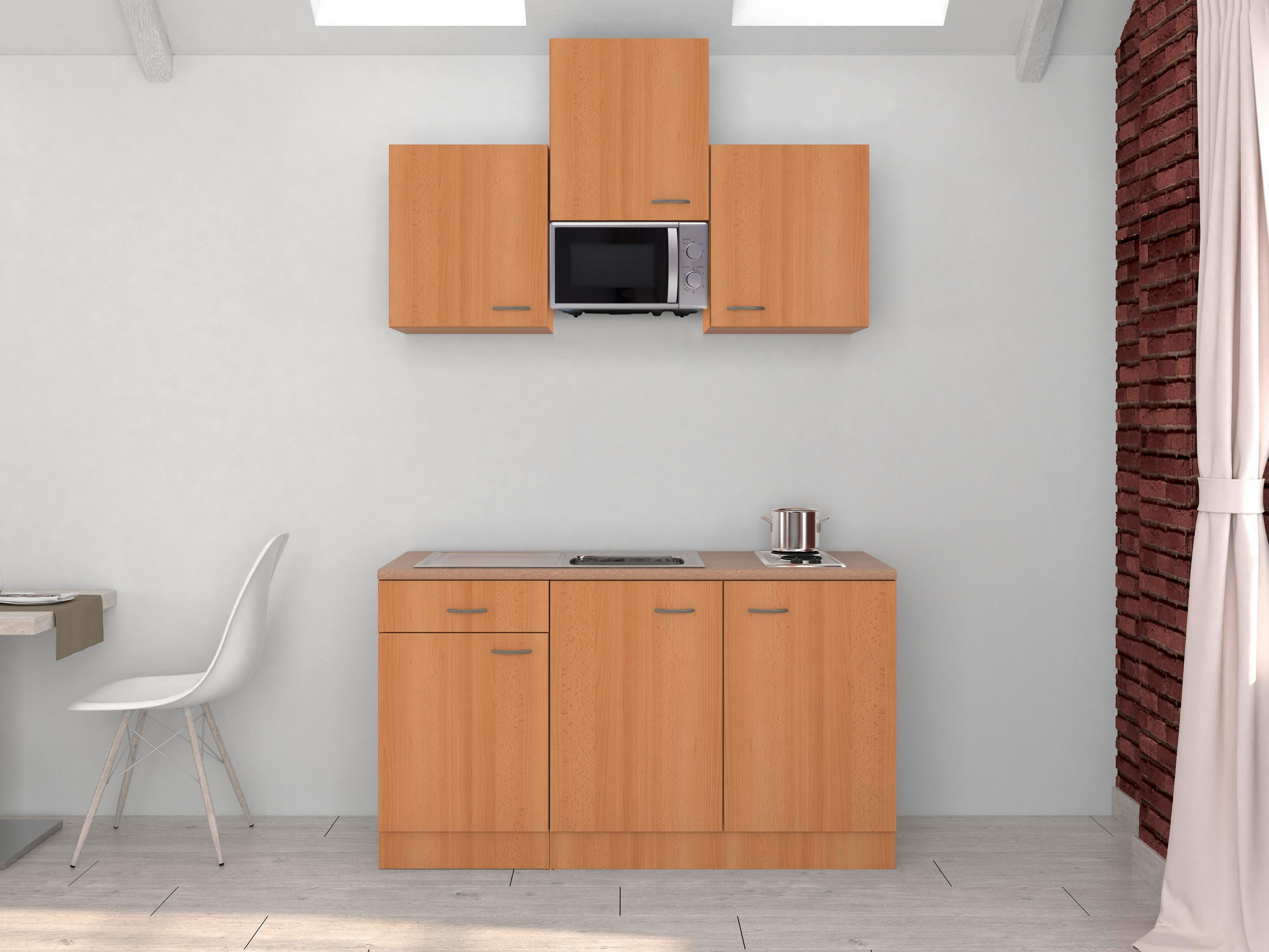 MINIKÜCHE 150 cm  in Buchefarben  - Edelstahlfarben/Beige, MODERN, Holzwerkstoff/Kunststoff (150cm) - FlexWell