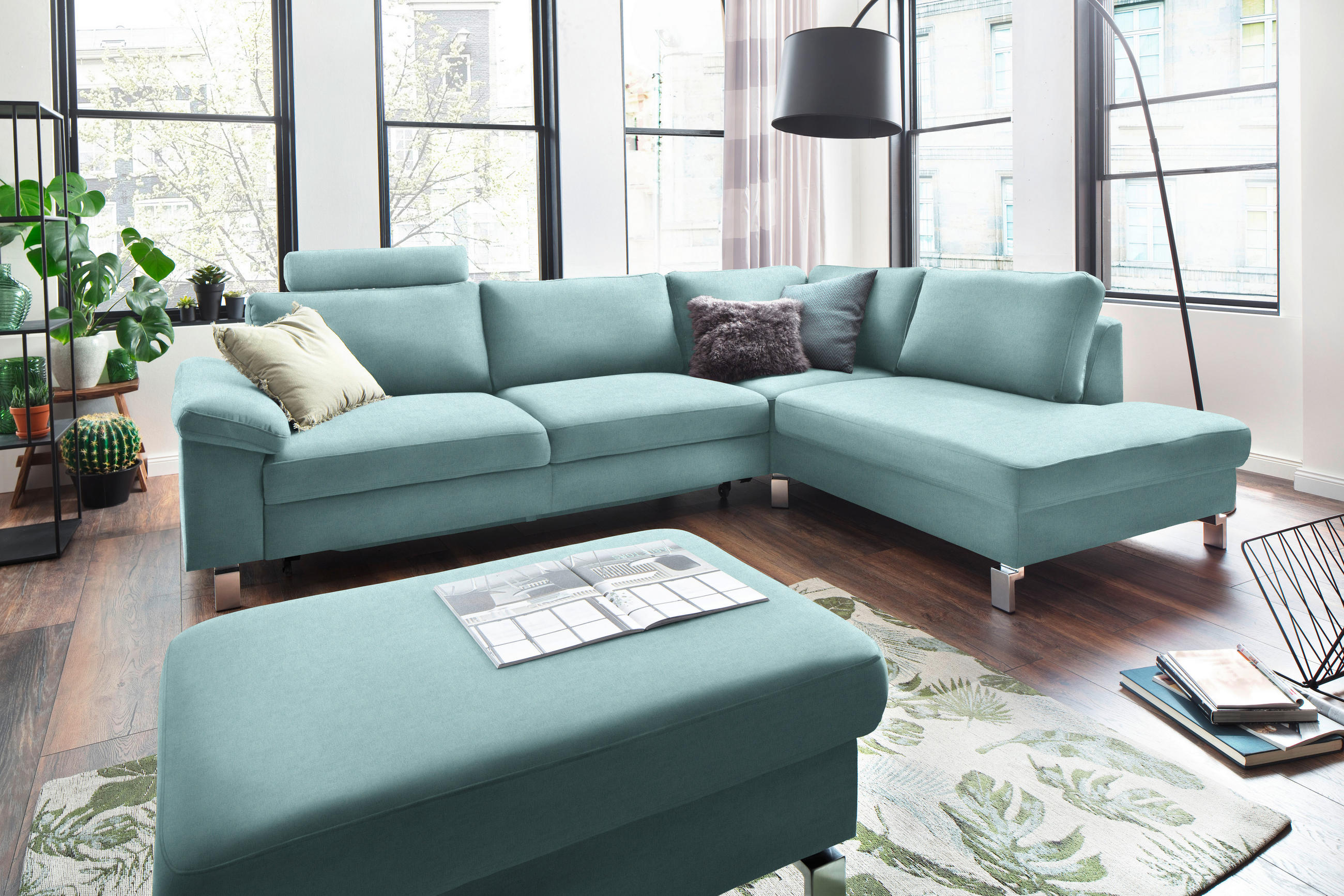 ECKSOFA in Velours Blau  - Chromfarben/Blau, Design, Textil/Metall (281/200cm) - Pure Home Lifestyle