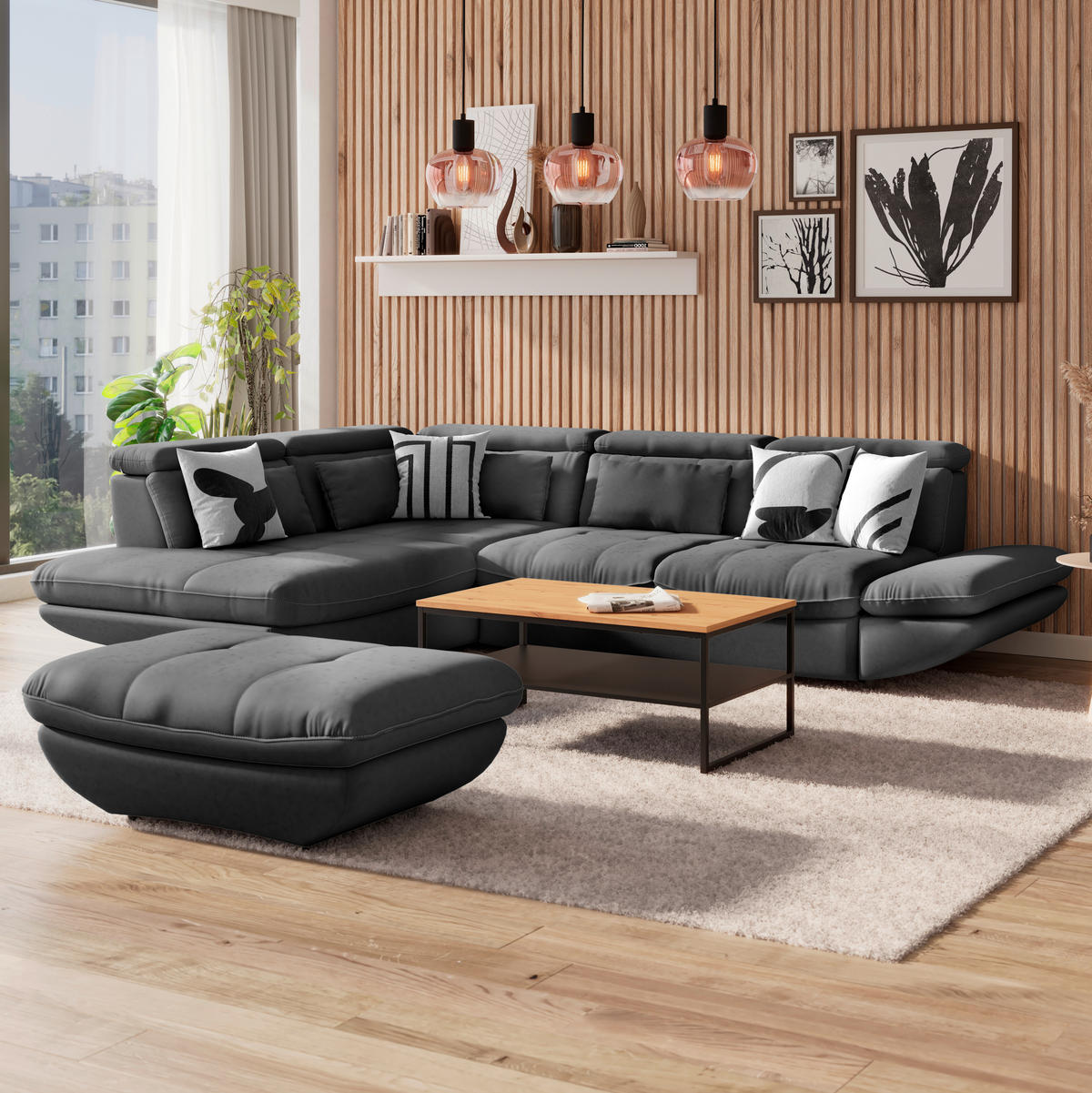 WOHNLANDSCHAFT Anthrazit Mikrofaser  - Anthrazit/Schwarz, MODERN, Kunststoff/Textil (311/233cm) - MID.YOU