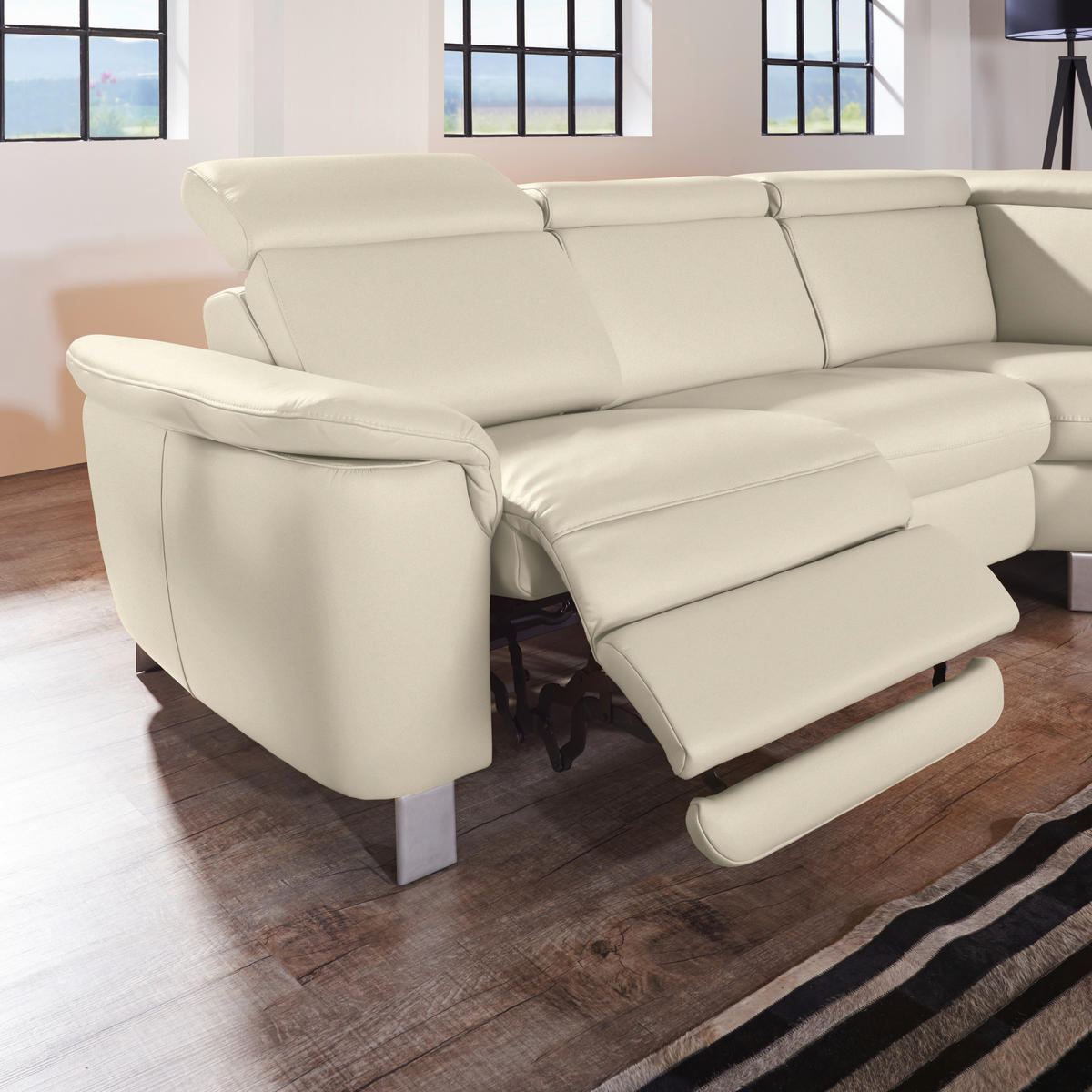 ECKSOFA in Echtleder Creme  271/239 cm  - Creme/Alufarben, Design, Leder/Metall (271/239cm) - Cantus