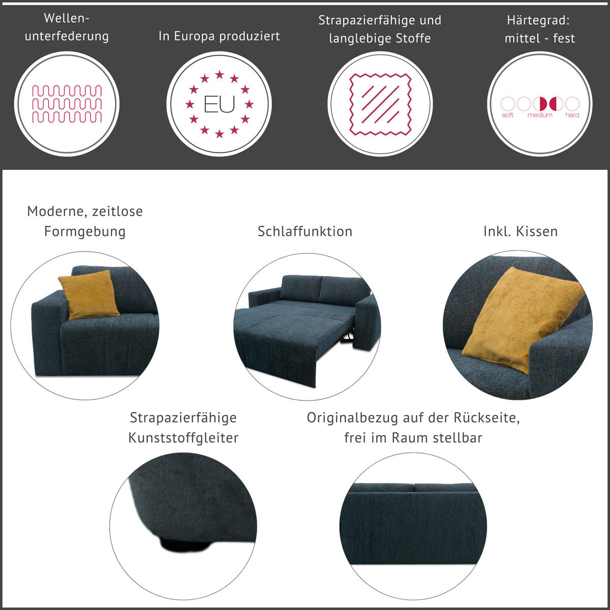 SCHLAFSOFA Chenille Blau  - Blau/Schwarz, Basics, Kunststoff/Textil (207/89/105cm) - Livetastic