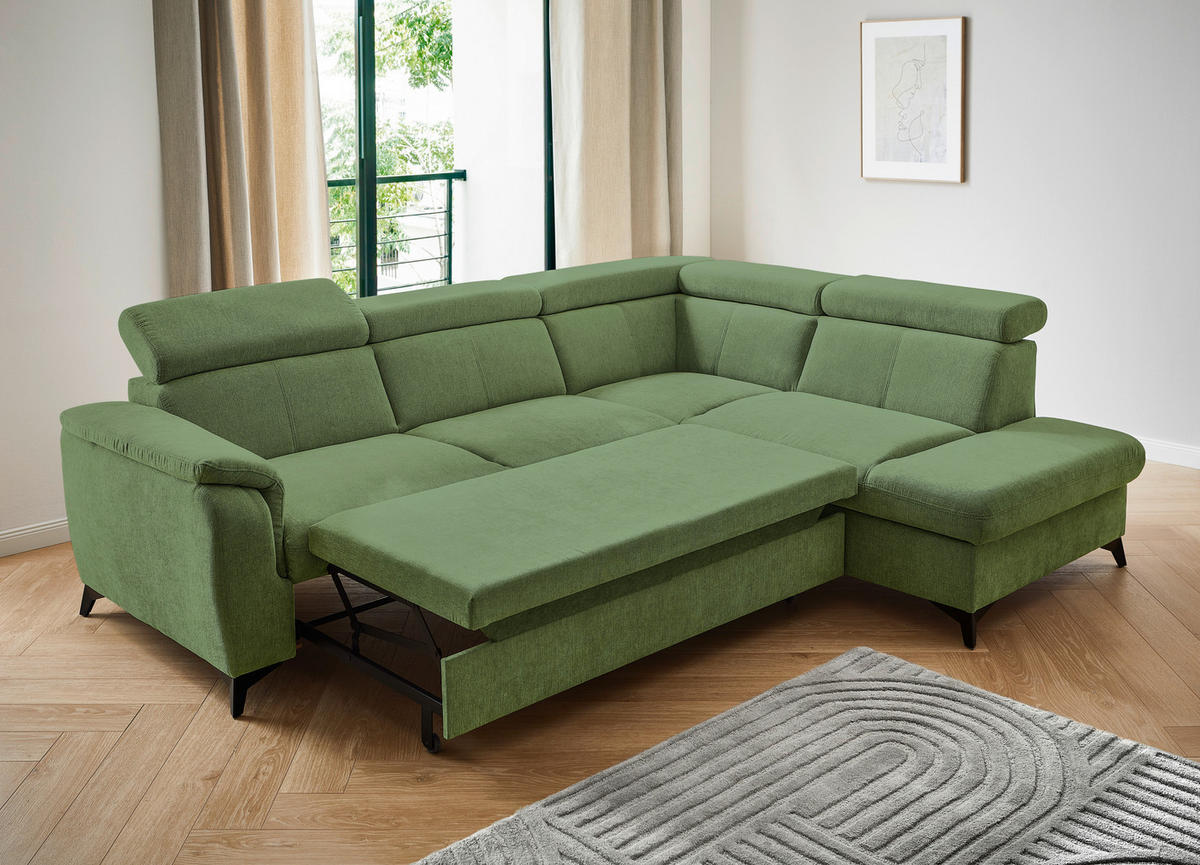 Ecksofa inkl. Funktionen in Chenille Hellgrün  - Schwarz/Hellgrün, Design, Textil/Metall (260/203cm) - Stylife