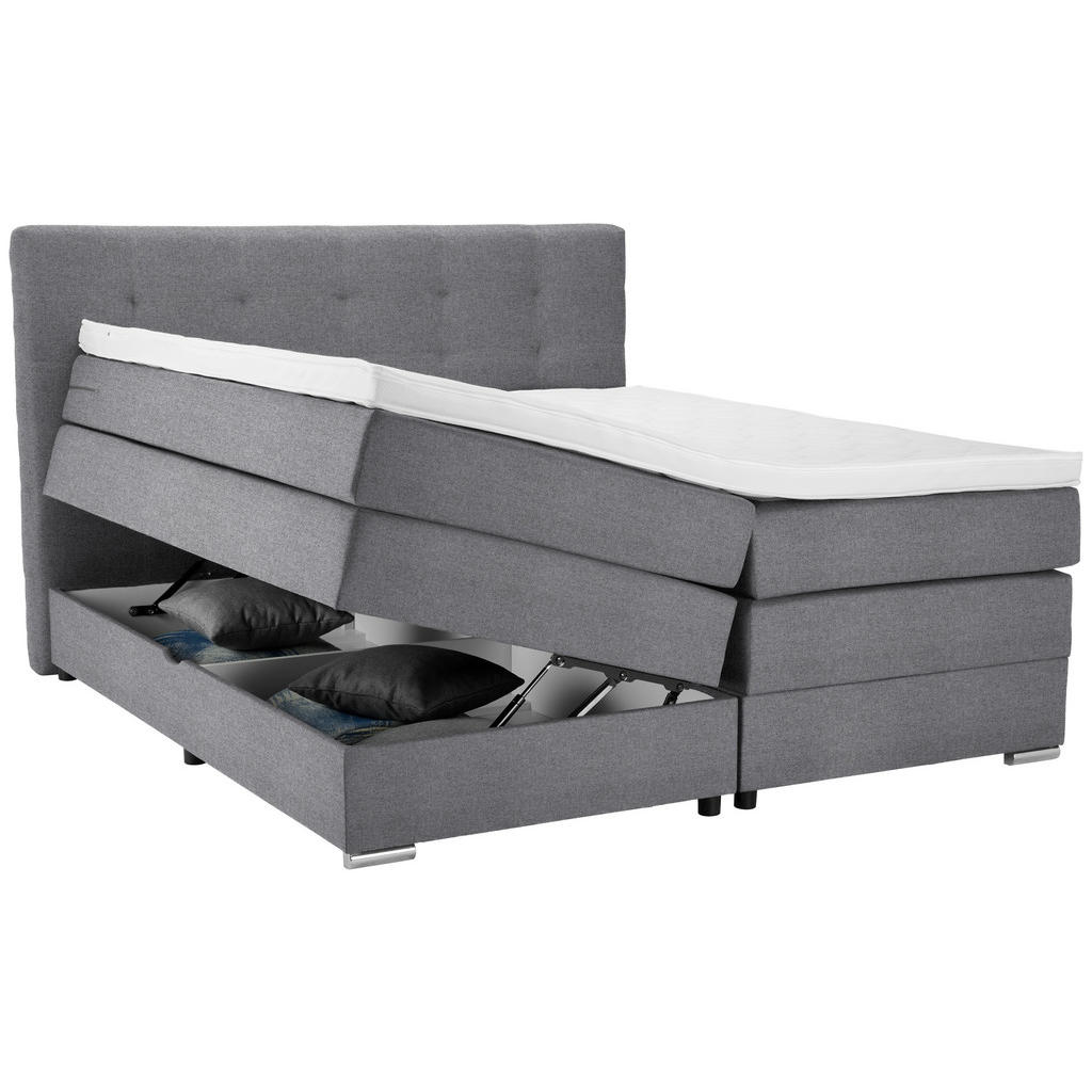 Thumbnail - Moderano Boxspringbett, Hellgrau, Textil, H3, Höhe ca. 18 cm, 160x200 cm, gepolstertes Kopfteil, Stoffauswahl, Topper du...