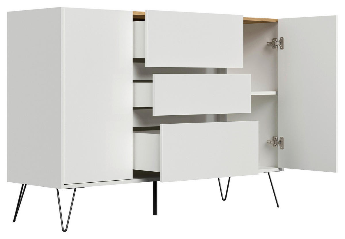 SIDEBOARD Posseik Industrial 140/93,6/42 cm 3 Schublade(n)  - Weiß Hochglanz/Eichefarben, Design, Holzwerkstoff/Metall (140/93,6/42cm) - P & B