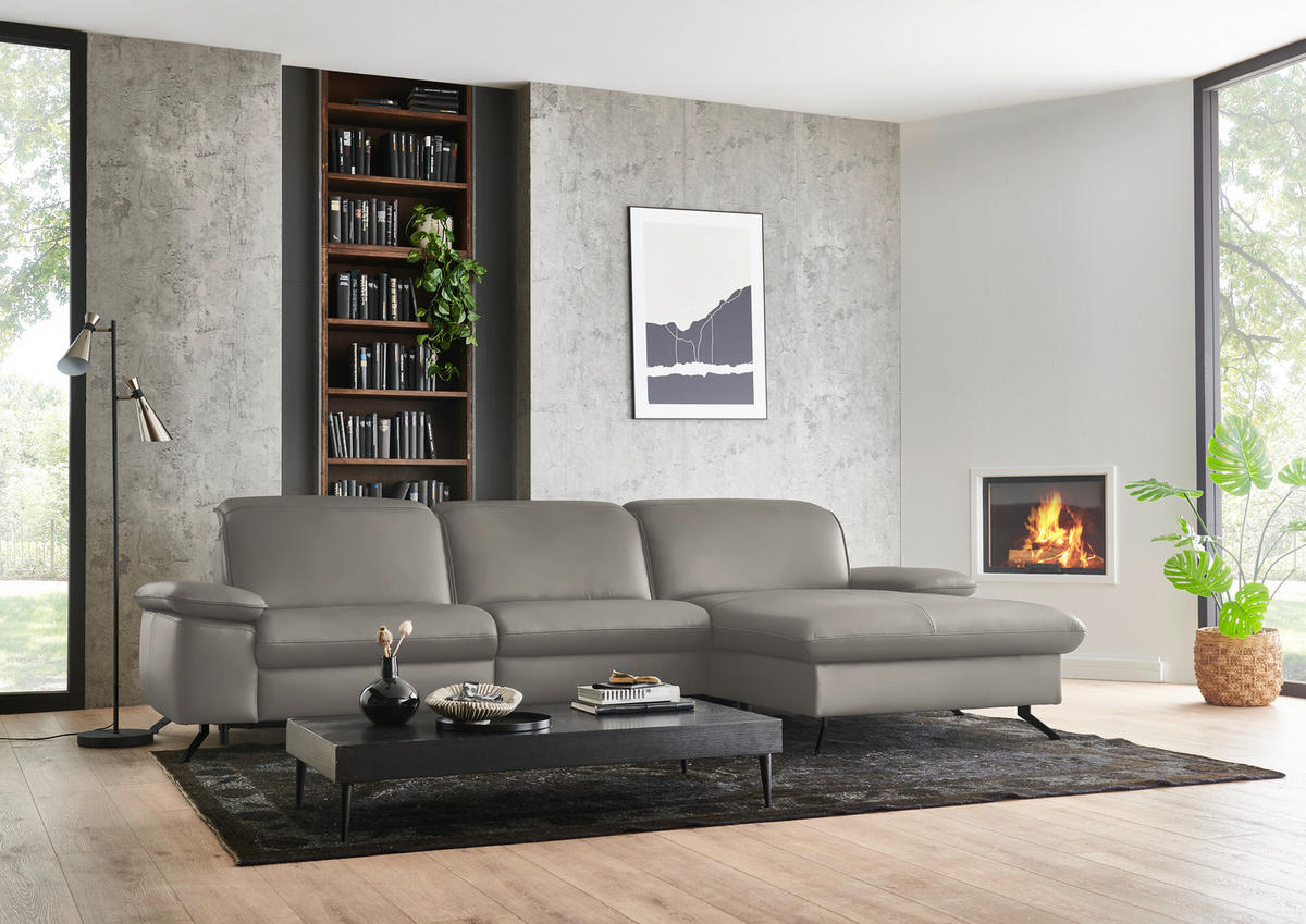 ECKSOFA  Echtleder Grau  - Schwarz/Grau, Design, Leder/Metall (307/169cm) - Beldomo Premium