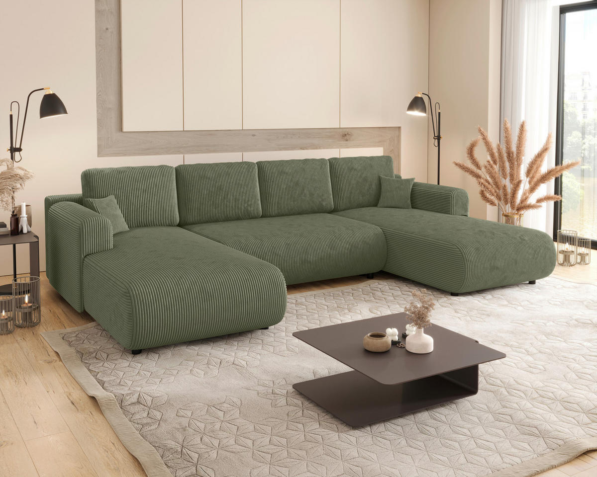 Wohnlandschaft inkl. Funktion Salbeigrün Cord  - Salbeigrün/Schwarz, KONVENTIONELL, Textil (200/360/200cm) - Xora