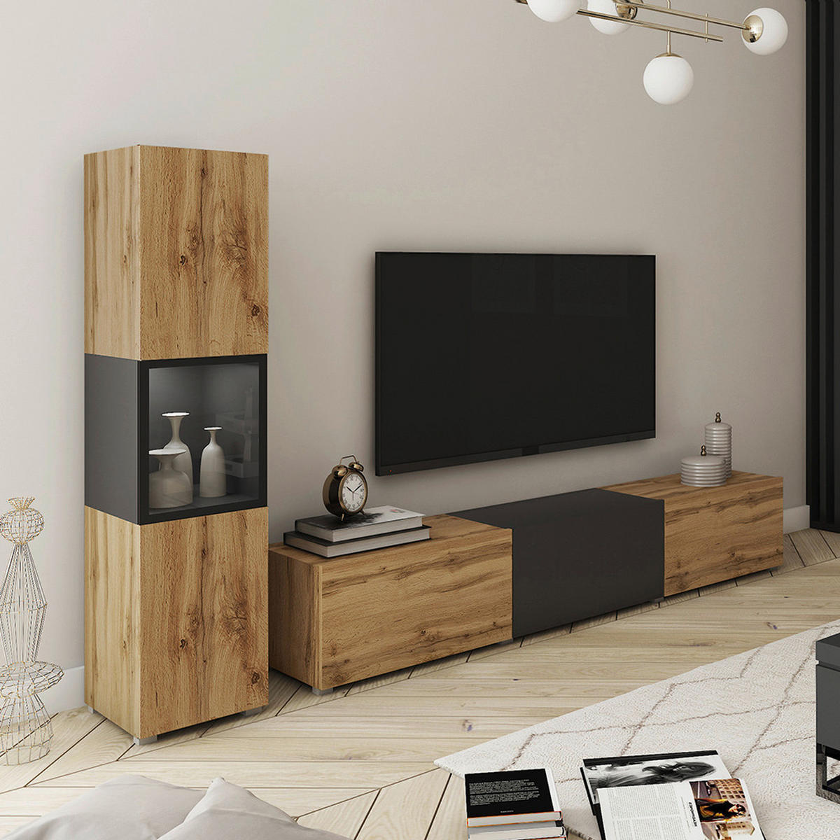 DNEVNI REGAL,  črna, hrast wotan  - hrast wotan/siva, Design, umetna masa/steklo (210/130/32,5cm) - MID.YOU