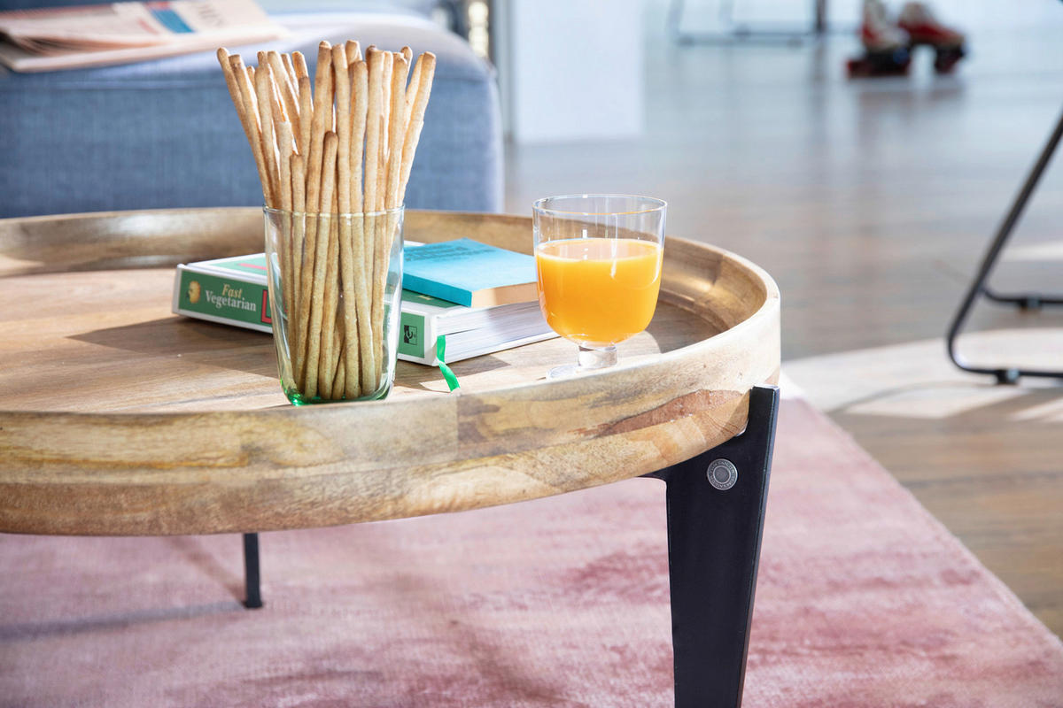 COUCHTISCH Mangoholz massiv 75/75/34 cm rund Naturfarben, Schwarz  - Schwarz/Naturfarben, Design, Holz/Metall (75/75/34cm) - MID.YOU