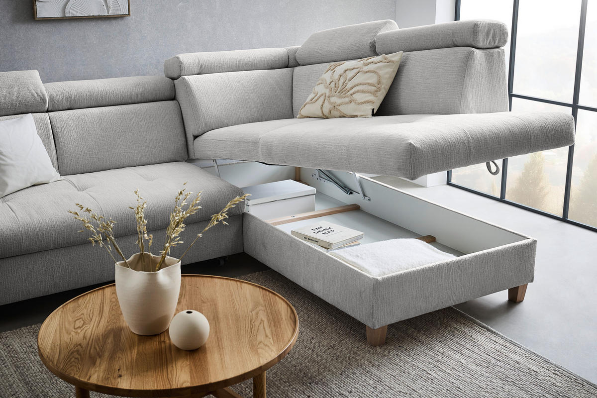ECKSOFA inkl. Funktionen Grau Samt  - Grau, Natur, Holz/Textil (261/206cm) - Venda