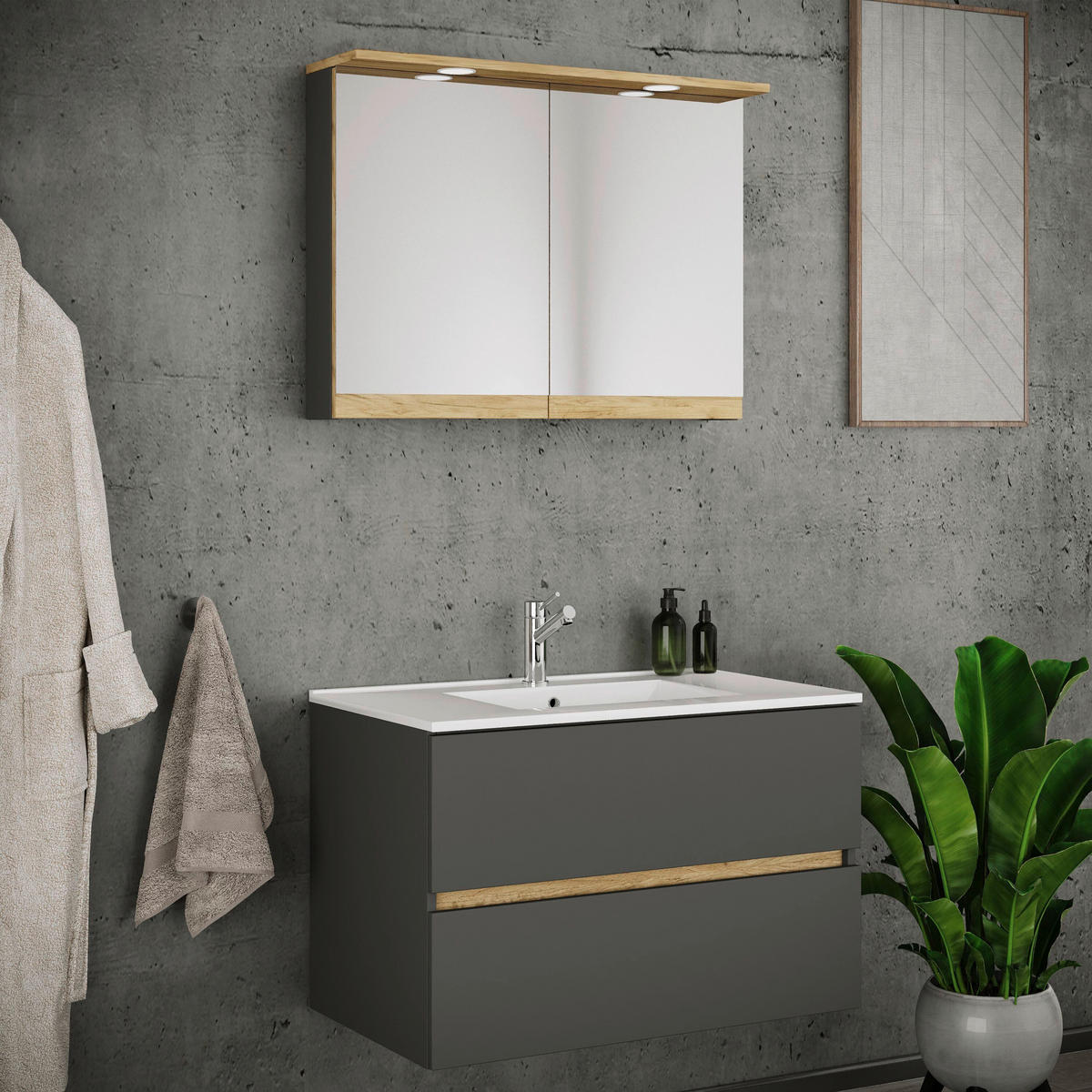 BADEZIMMER 3-teilig 110 cm  - Honigeiche/Weiss, Trend, Keramik/Holzwerkstoff (110cm) - MID.YOU