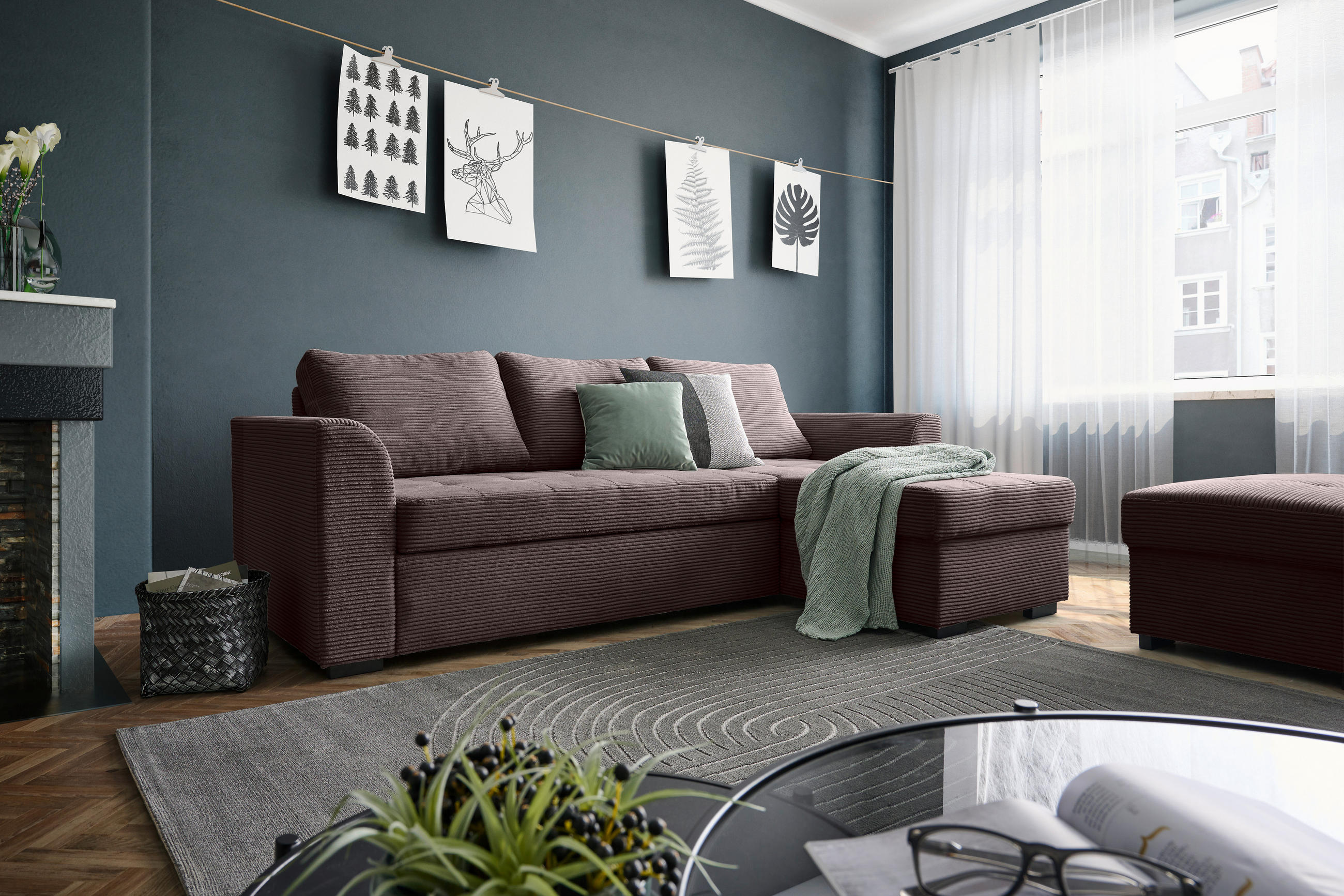 ECKSOFA Braun Cord, Velours  - Schwarz/Braun, Design, Kunststoff/Textil (155/243cm) - Xora