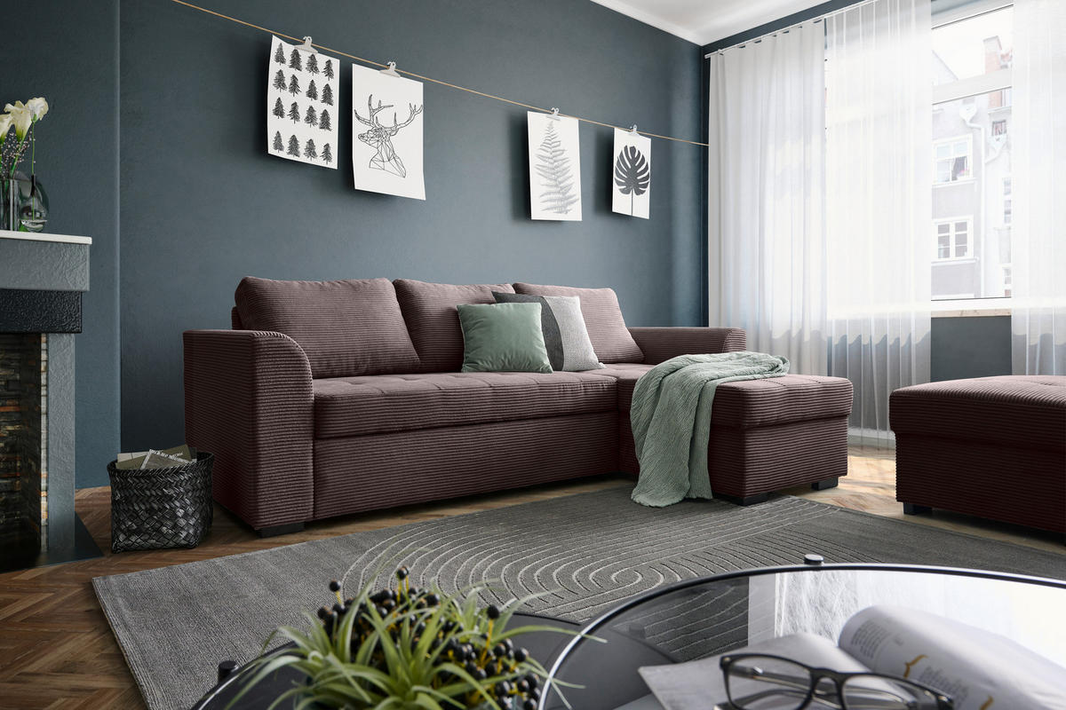 ECKSOFA in Cord, Velours Braun  - Schwarz/Braun, Design, Kunststoff/Textil (243/155cm) - Xora