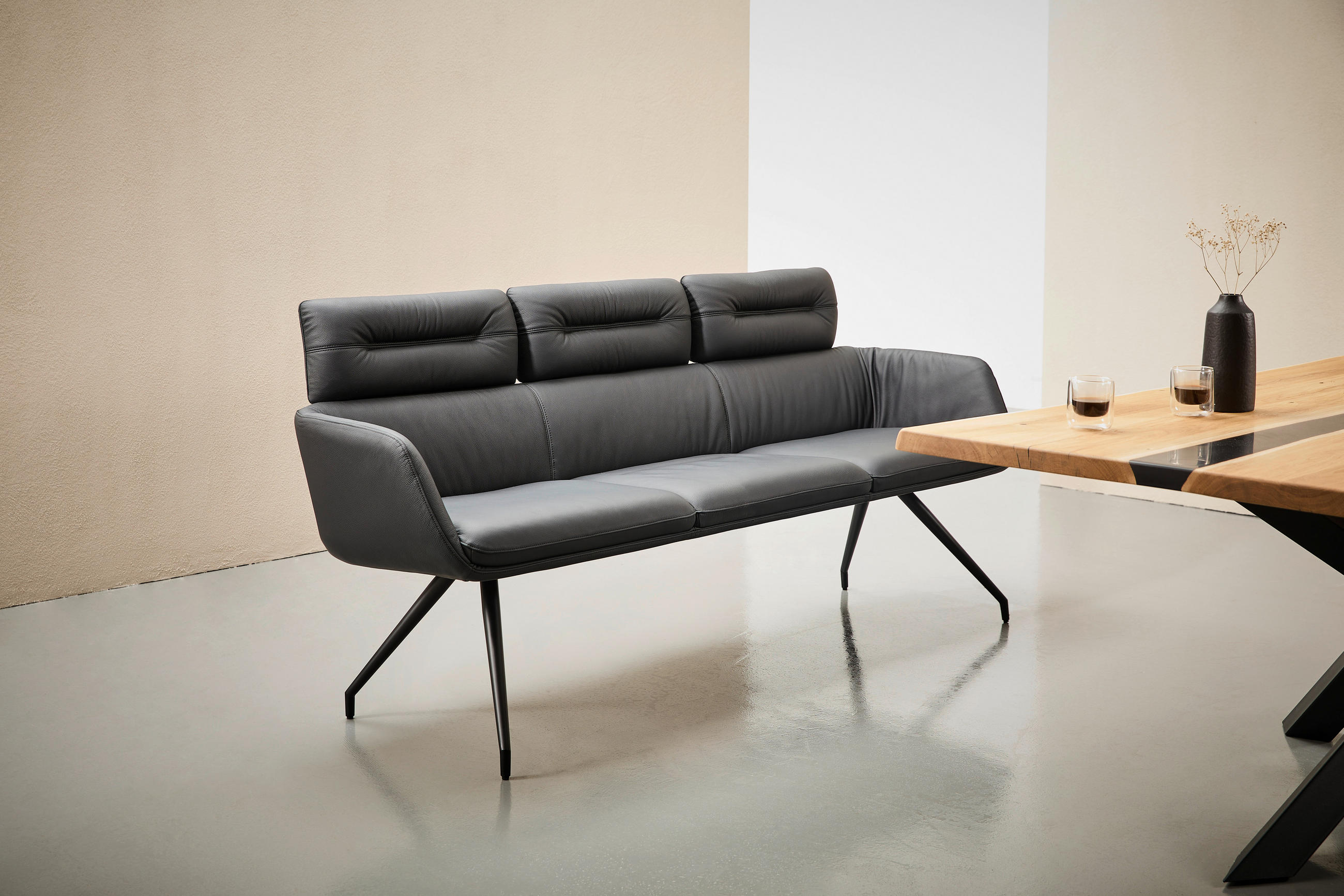 SITZBANK 200/91/70 cm Echtleder Schwarz  - Schwarz, Design, Leder/Metall (200/91/70cm) - Dieter Knoll