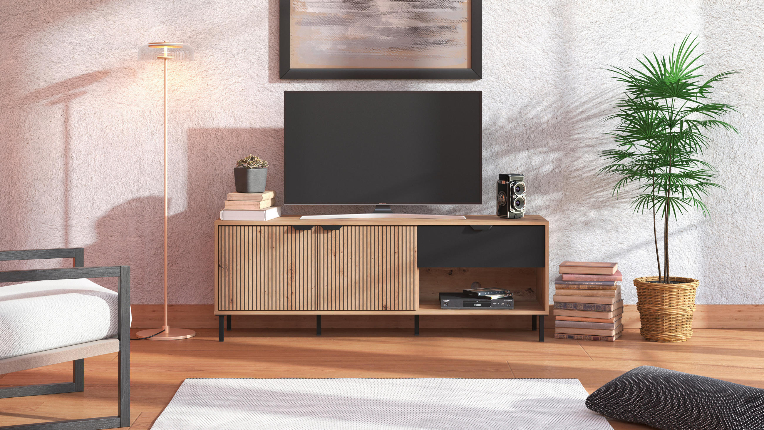 TV-ÁLLVÁNY fekete, Artisan tölgy  - fekete/Artisan tölgy, Basics, faalapú anyag (150,5/40/54,5cm) - Xora