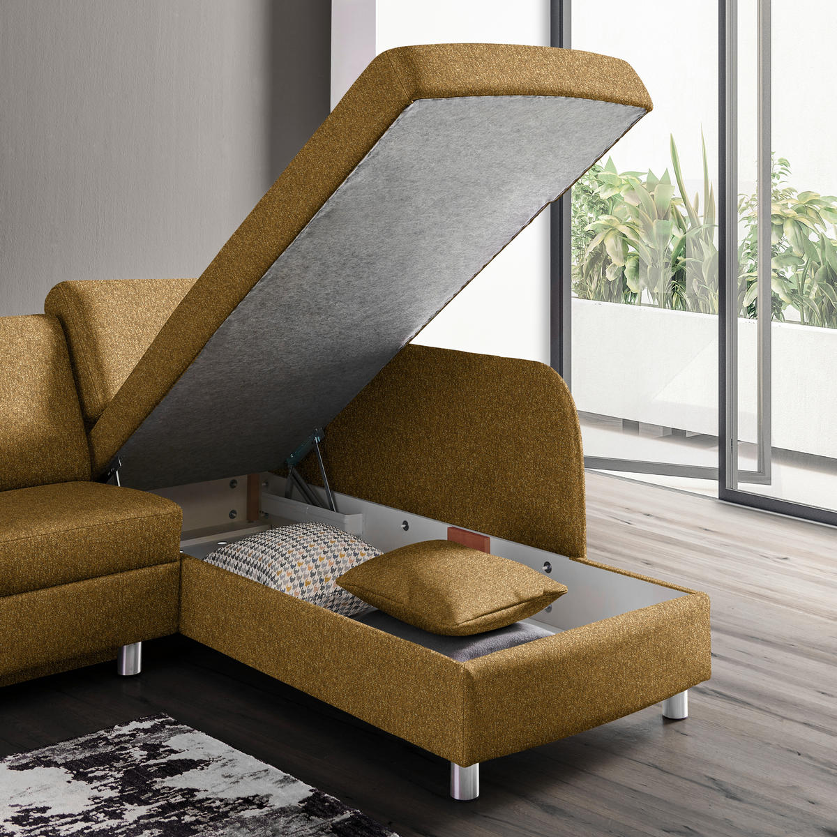 ECKSOFA  in Mikrovelours Senfgelb  227/208 cm  - Senfgelb/Alufarben, KONVENTIONELL, Textil/Metall (227/208cm) - Sedda