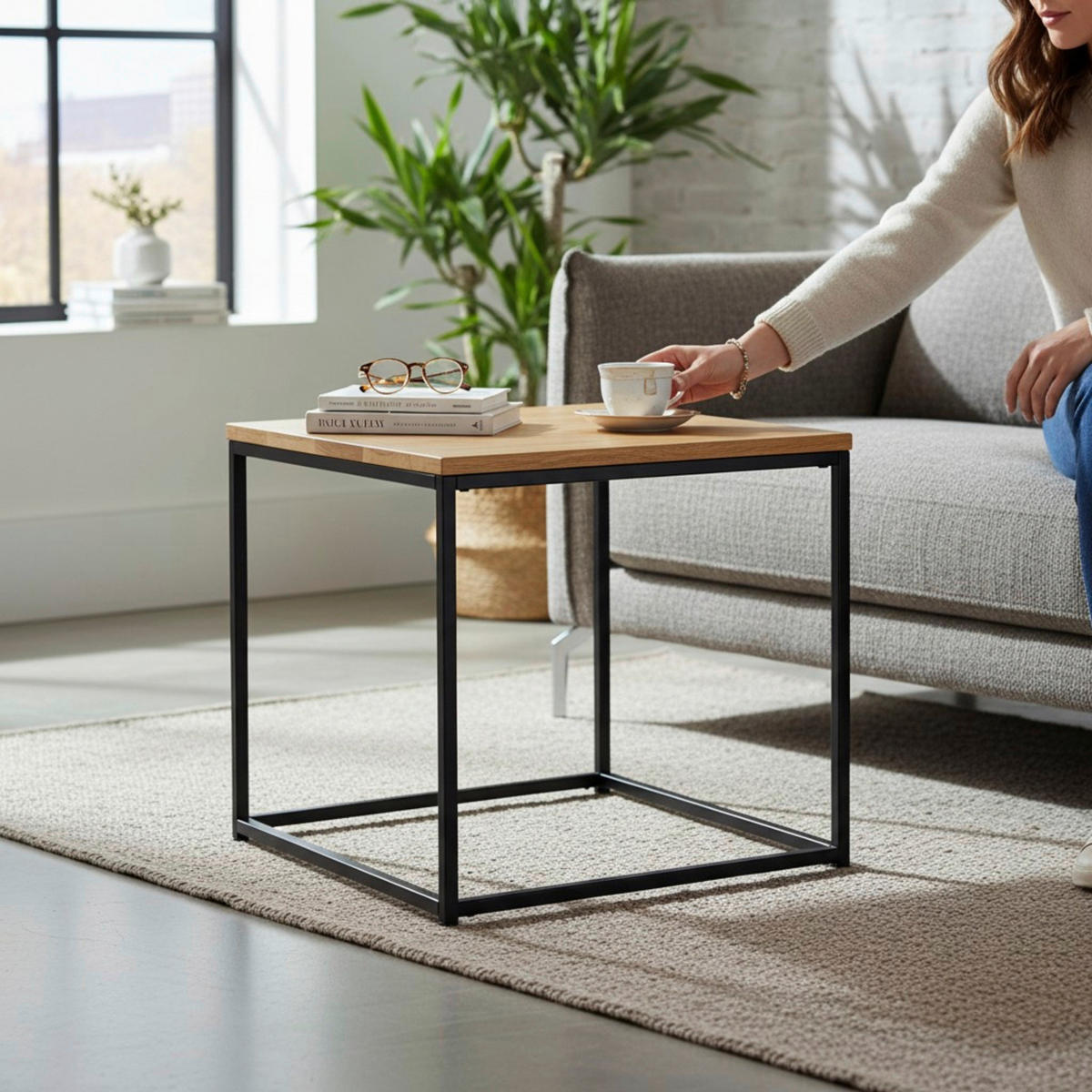 BEISTELLTISCH 45/45/45 cm Eiche massiv Schwarz, Eichefarben quadratisch  - Eichefarben/Schwarz, Design, Holz/Metall (45/45/45cm)