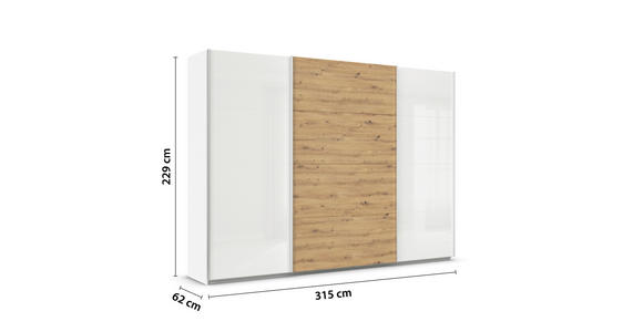 SCHWEBETÜRENSCHRANK  in Eiche Artisan, Weiß Hochglanz  - Weiß Hochglanz/Alufarben, KONVENTIONELL, Holzwerkstoff/Metall (315/229/62cm) - Xora