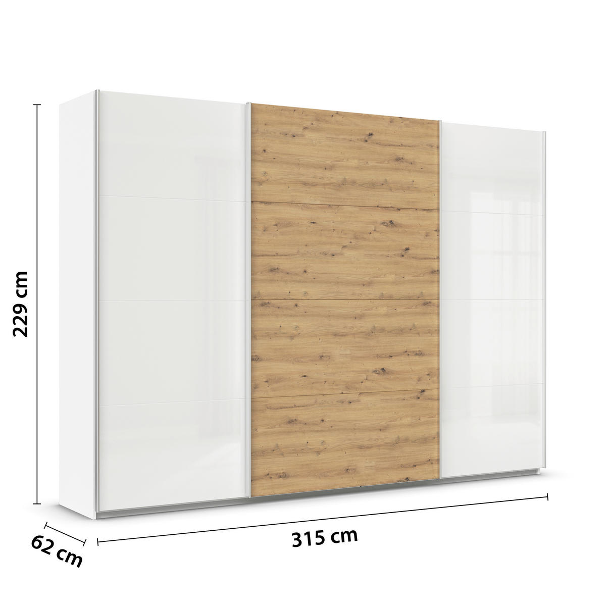SCHWEBETÜRENSCHRANK  in Eiche Artisan, Weiß Hochglanz  - Weiß Hochglanz/Alufarben, KONVENTIONELL, Holzwerkstoff/Metall (315/229/62cm) - Xora