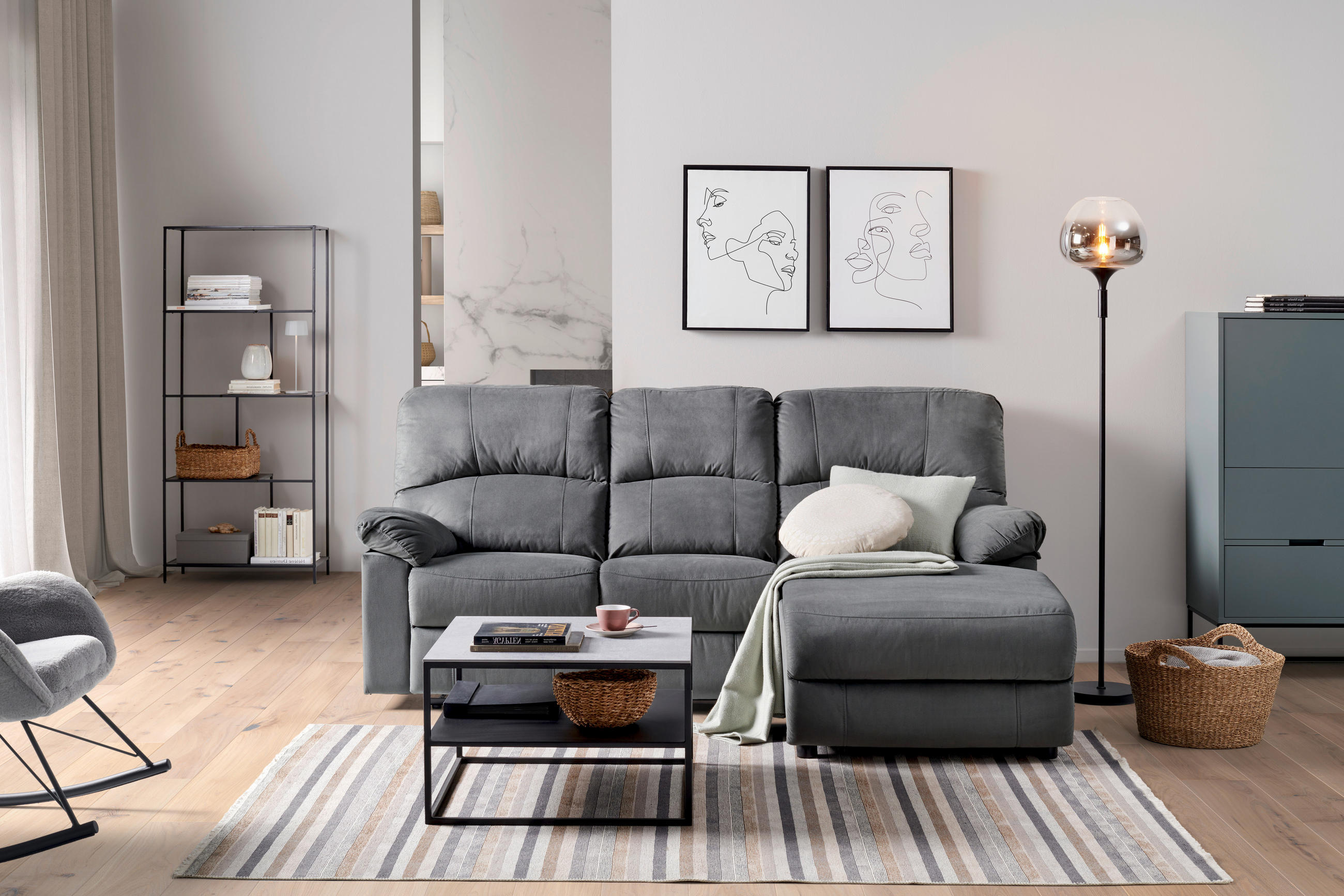ROHOVÁ SEDACIA SÚPRAVA, textil, sivá - čierna/sivá, Basics, kov/textil (216/159cm) - P & B