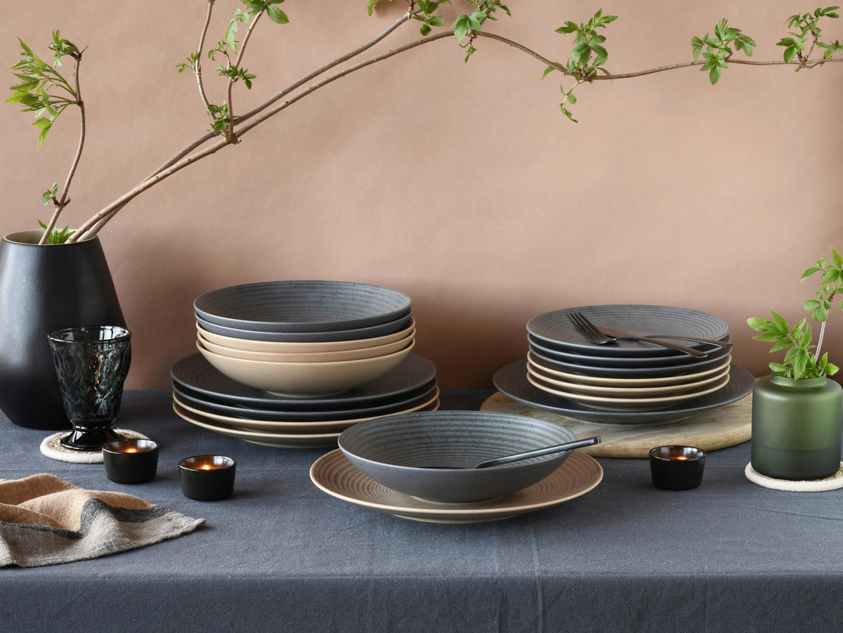 TAFELSERVICE Anthrazit, Sandfarben Catania 18-teilig  - Sandfarben/Anthrazit, Design, Keramik - Creatable