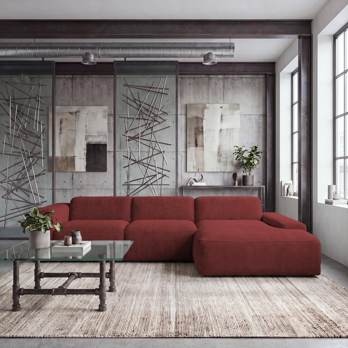 ECKSOFA HANNAH Rot Cord  - Rot/Schwarz, Design, Kunststoff/Textil (343/170cm) - MID.YOU
