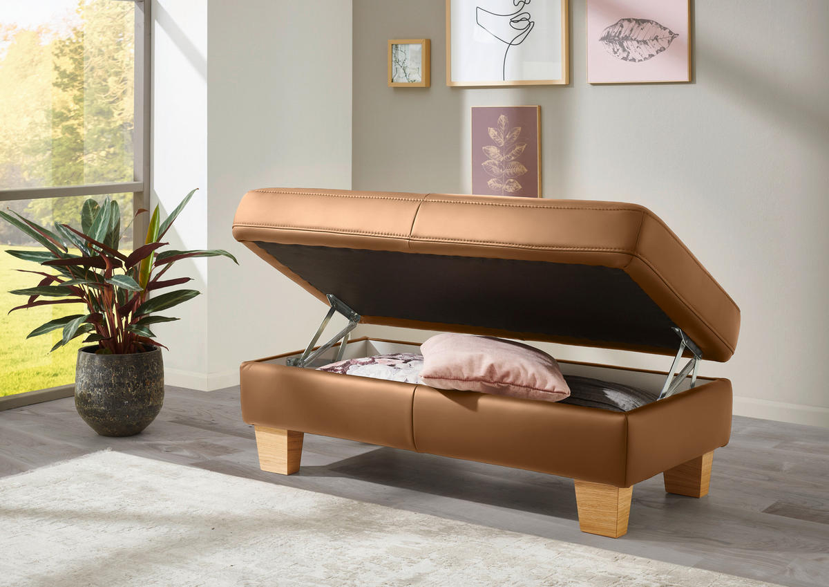 ECKSOFA in Echtleder Hellbraun  - Hellbraun/Eiche Bianco, Konventionell, Leder/Holz (235/257cm) - Valdera