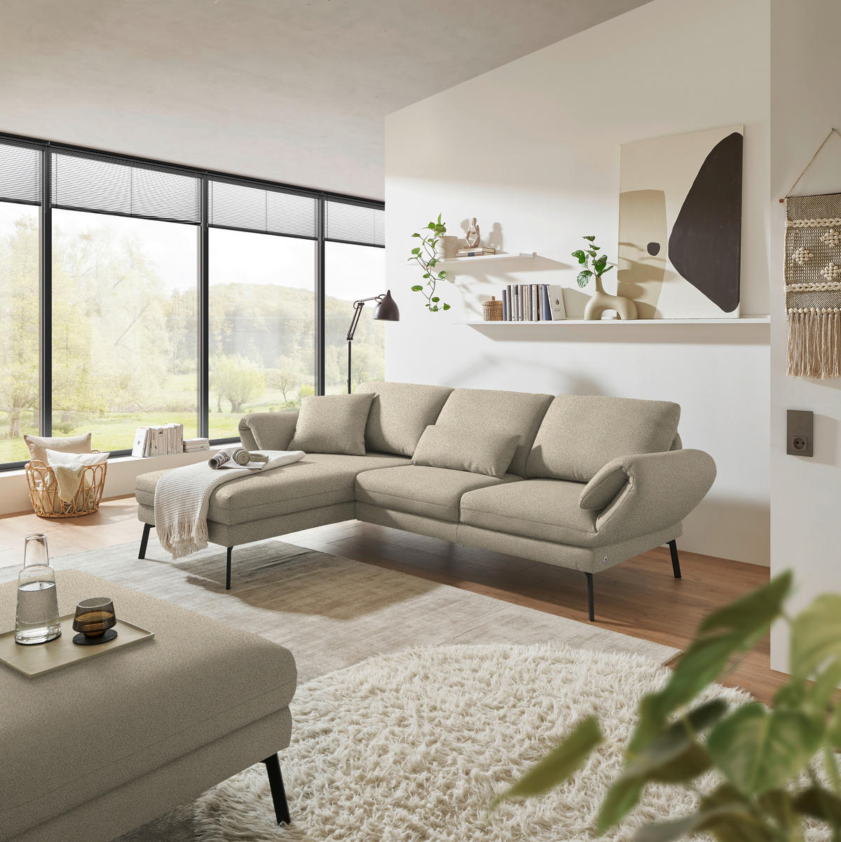 ECKSOFA  in Flachgewebe Beige  175-224/255-365 cm  - Beige/Schwarz, Design, Textil/Metall (175-224/255-365cm) - Dieter Knoll