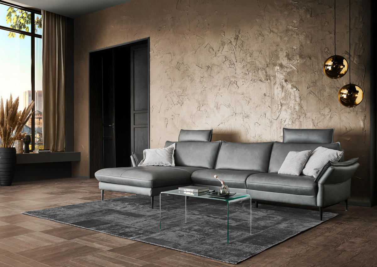 ECKSOFA in Echtleder Anthrazit  172/334 cm  - Anthrazit/Schwarz, Design, Leder/Metall (172/334cm) - Hukla