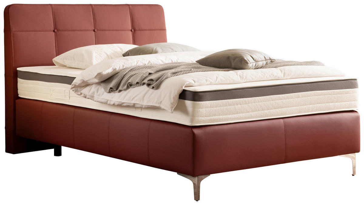 BOXSPRINGBETT 140/200 cm  in Bordeaux  - Chromfarben/Bordeaux, Basics, Leder/Holz (140/200cm) - Novel