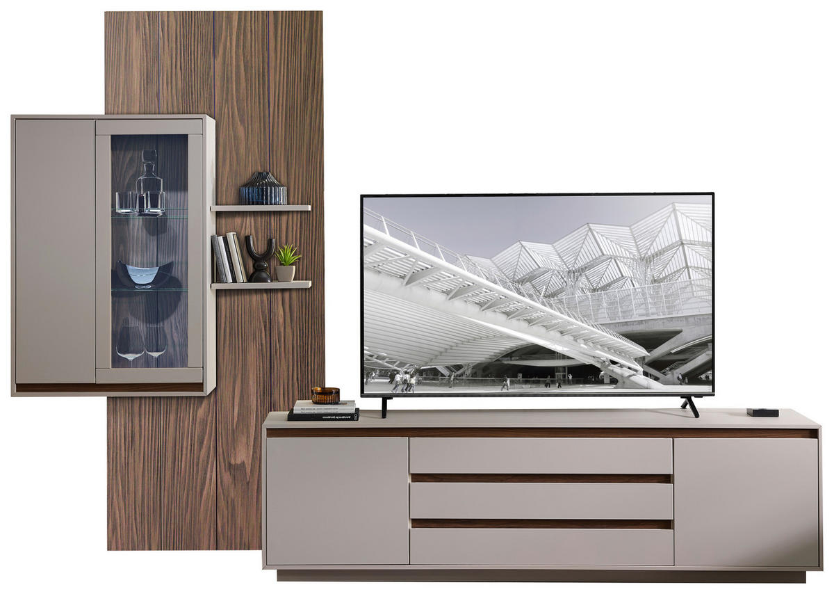 ANSAMBLU MOBILIER CAMERA DE ZI in culoare lemn de nuc, cașmir  - cașmir/culoare lemn de nuc, Design, sticlă/material pe bază de lemn (320/232/45cm) - Stylife