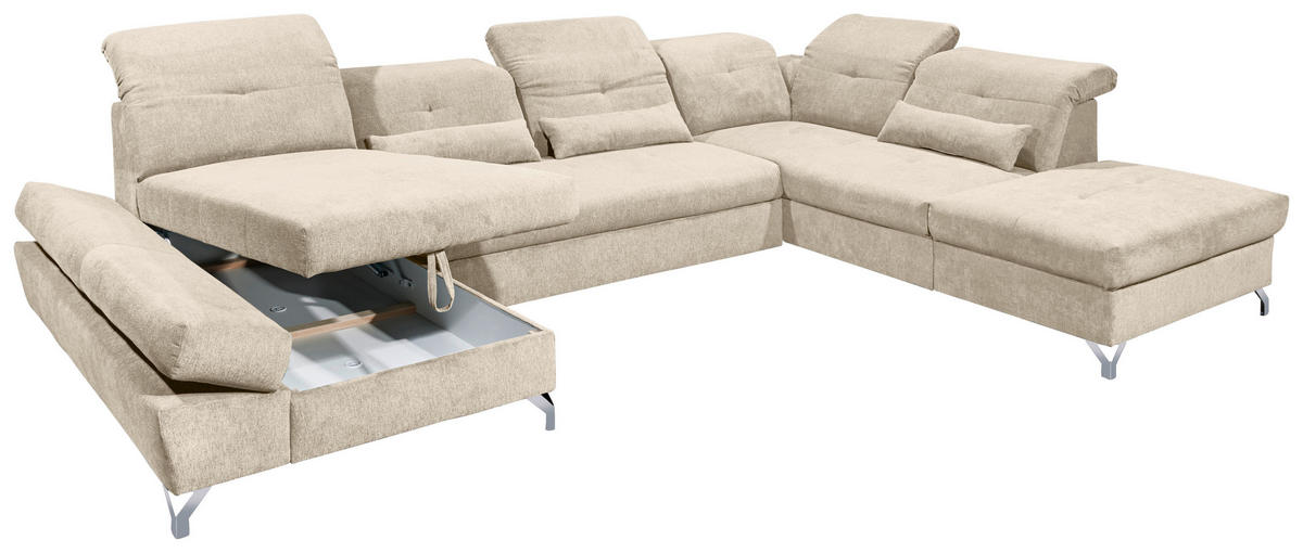 WOHNLANDSCHAFT Sandfarben Mikrovelours  - Sandfarben/Silberfarben, MODERN, Textil/Metall (168/350/245cm) - MID.YOU