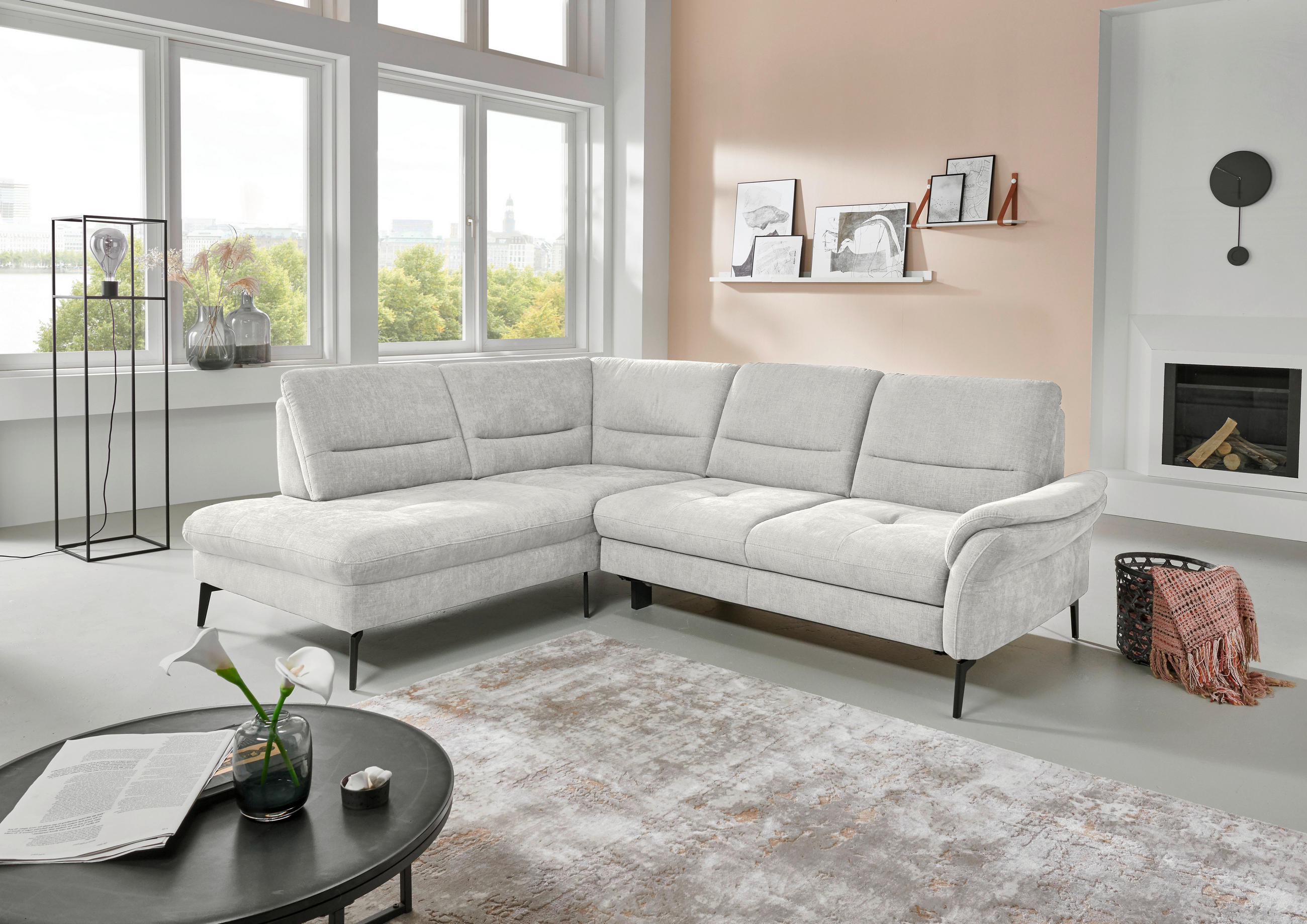 ECKSOFA in Webstoff Creme  - Creme/Schwarz, Design, Textil/Metall (206/256cm) - Beldomo System