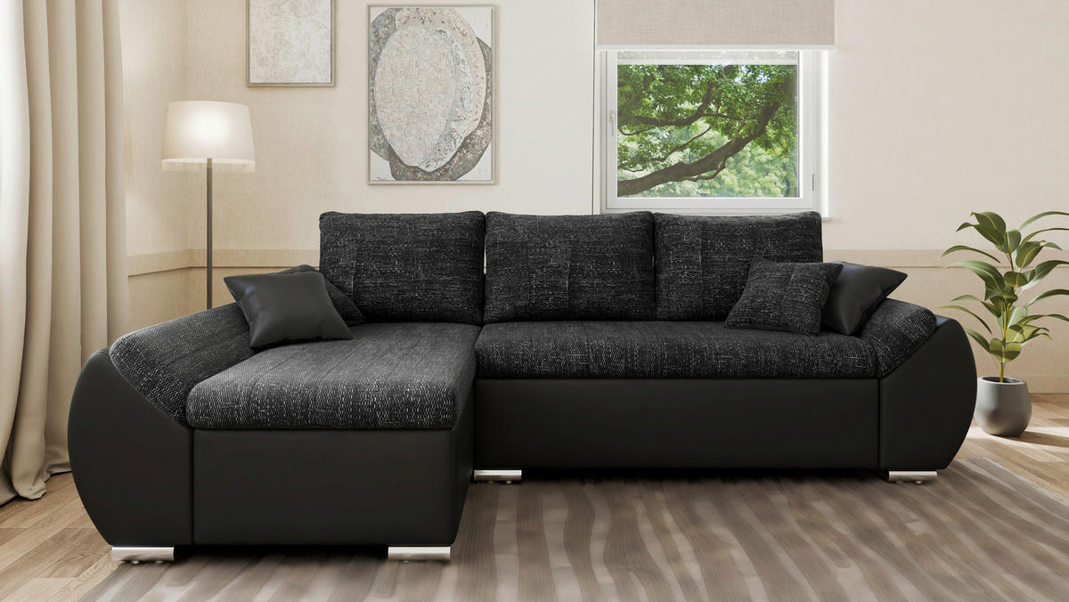 ECKSOFA  AURO Schwarz  - Silberfarben/Schwarz, Design, Kunststoff/Textil (275/155cm) - MID.YOU