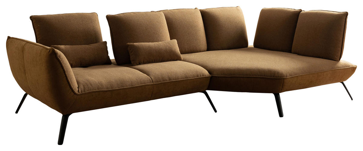 ECKSOFA Braun Flachgewebe Rücken echt, Nierenkissen  - Schwarz/Braun, Design, Textil/Metall (320/169cm) - Moderano