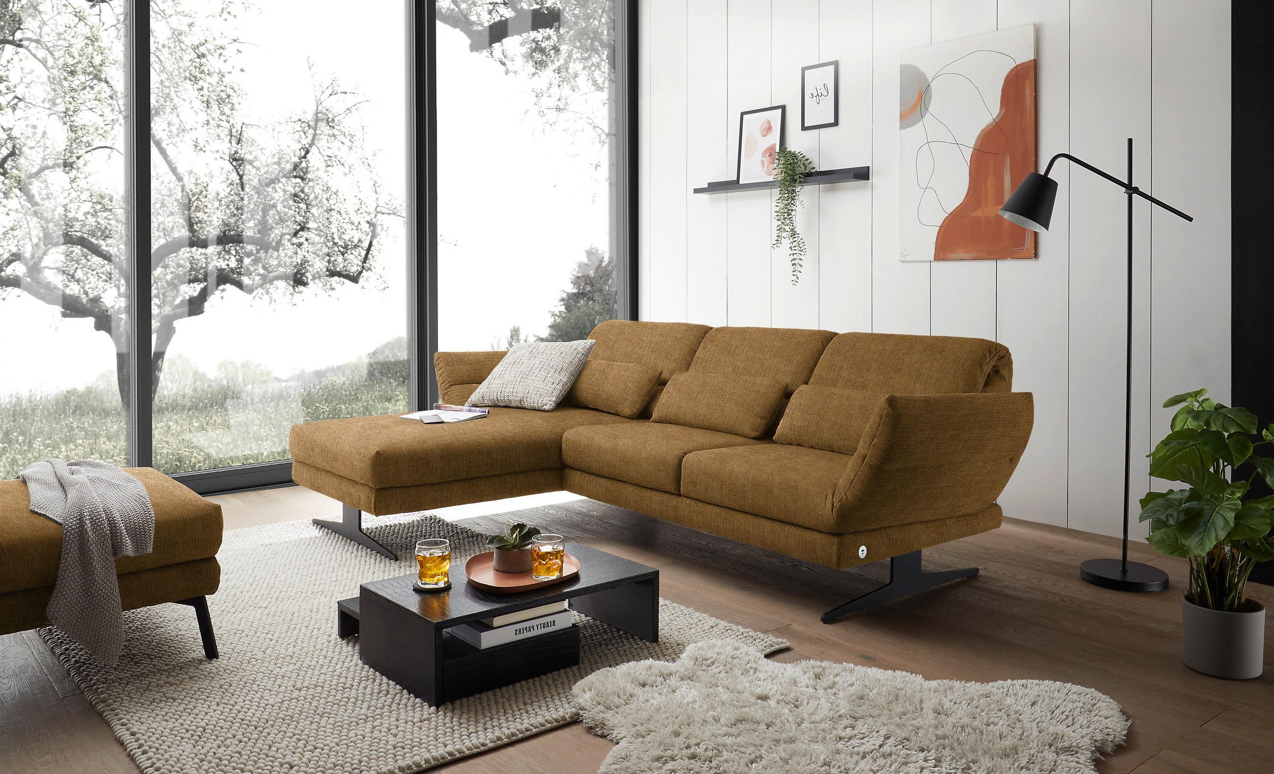 ECKSOFA in Flachgewebe Goldfarben  - Goldfarben/Schwarz, Design, Textil/Metall (176-217/279-327cm) - Dieter Knoll