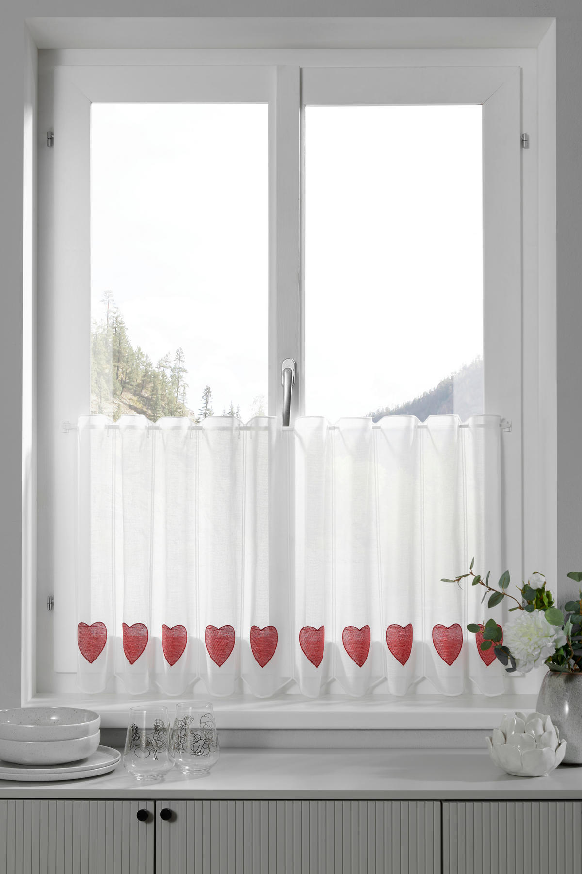 KRÁTKA ZÁCLONA, polopriehľadné, 50 cm - biela/červená, Konventionell, textil (50cm) - Esposa