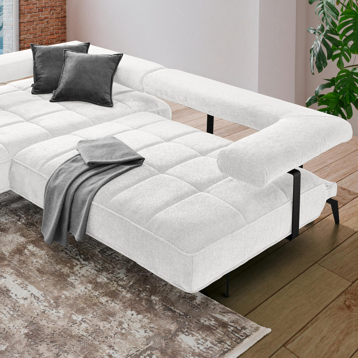 ECKSOFA in Webstoff Weiss  - Weiss/Schwarz, Design, Textil/Metall (180/266cm) - Welnova
